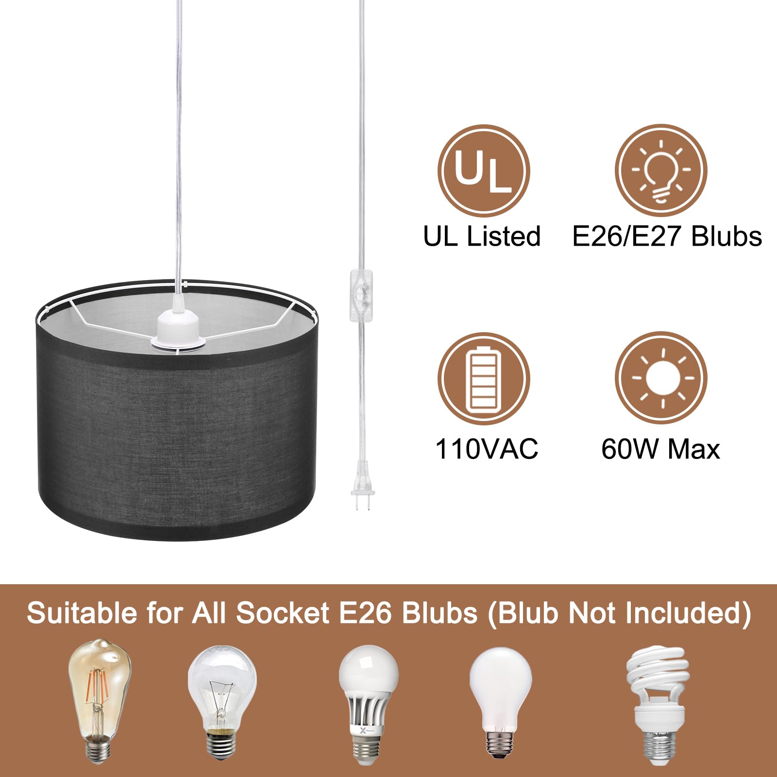 Patikil Plug In Pendant Light, 15Ft Rope Cord Hanging Lamp Fixture With On/Off Switch, Fabric Shade E26/E27 Bulb Socket For Bedr