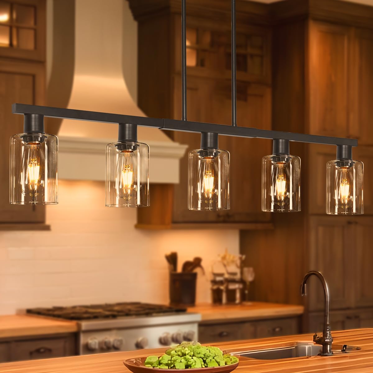5-Light Kitchen Island Light  Black Dining Room Light Fixture Over Table  Farmhouse Linear Pendant Lights Kitchen Island with Glass Shade  Chandeliers for Pool Table  Sink  Bar  Height Adjustable