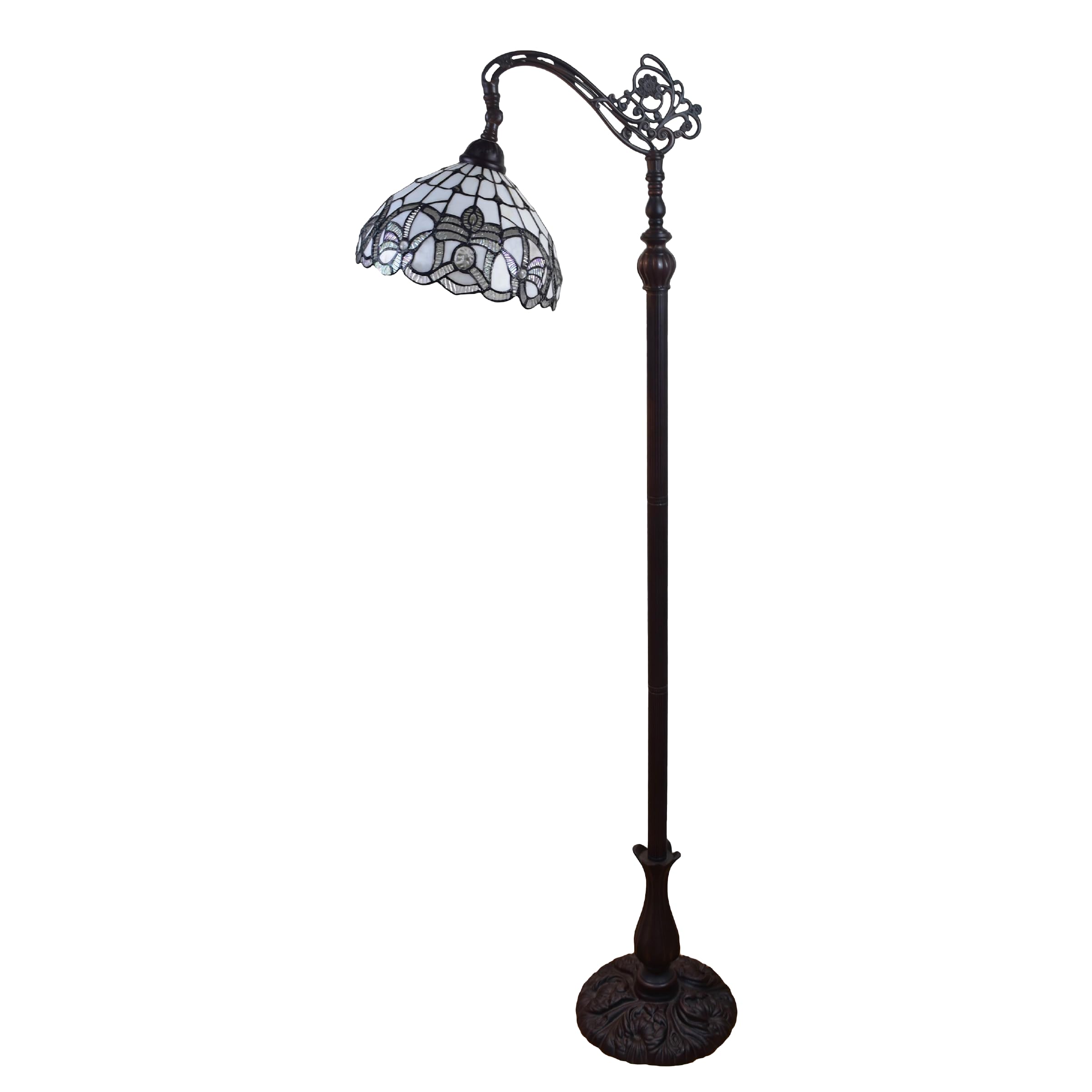 Amora Tiffany Floor Lamp - Arched, Stained Glass 62    - Traditional White Mahogany With Foot Switch Operation And Adjustable La