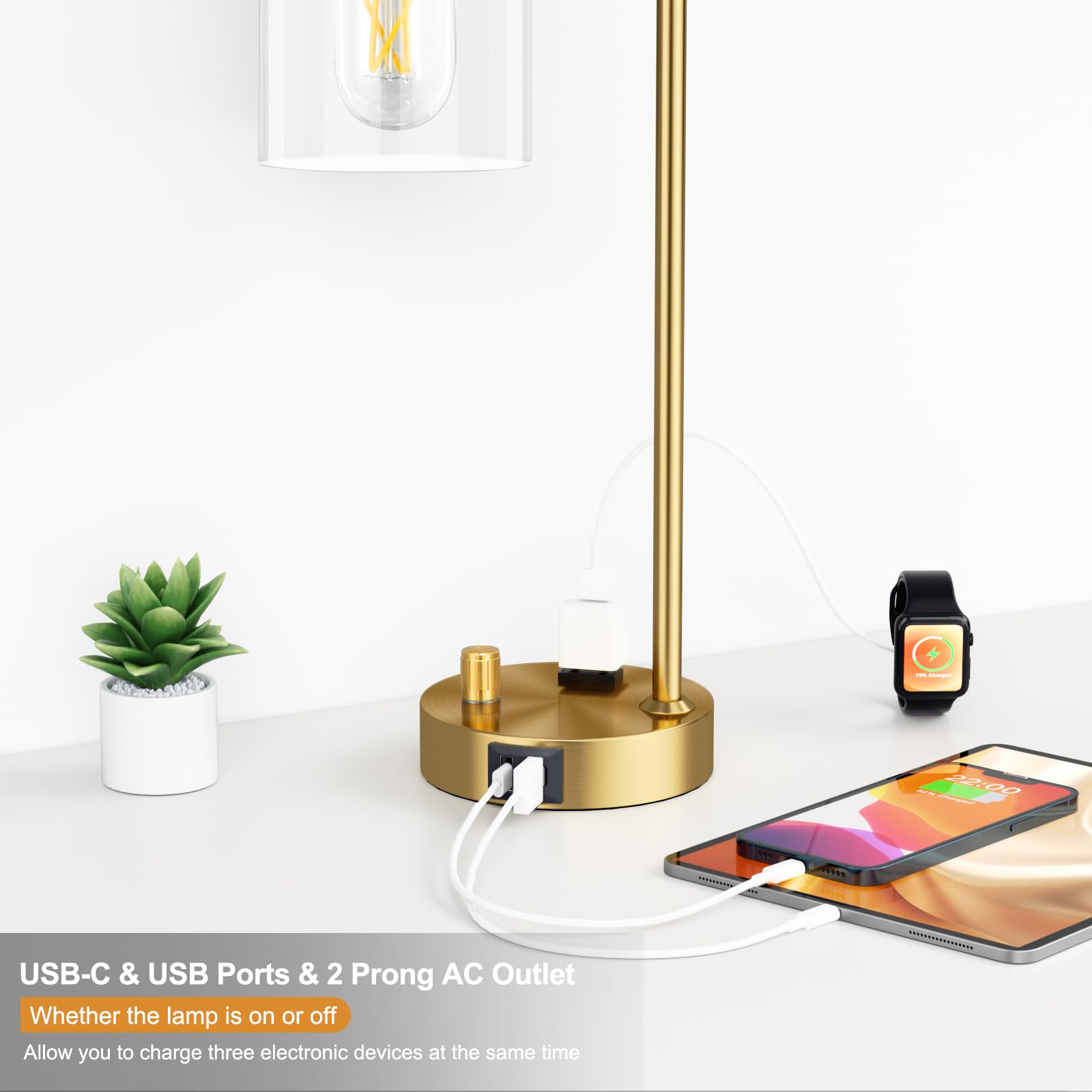 Innqoo Gold Table Lamp For Bedroom - Industrial Bedside Lamp With Usb Port And Outlet, Fully Dimmable Nightstand Lamp With Clear