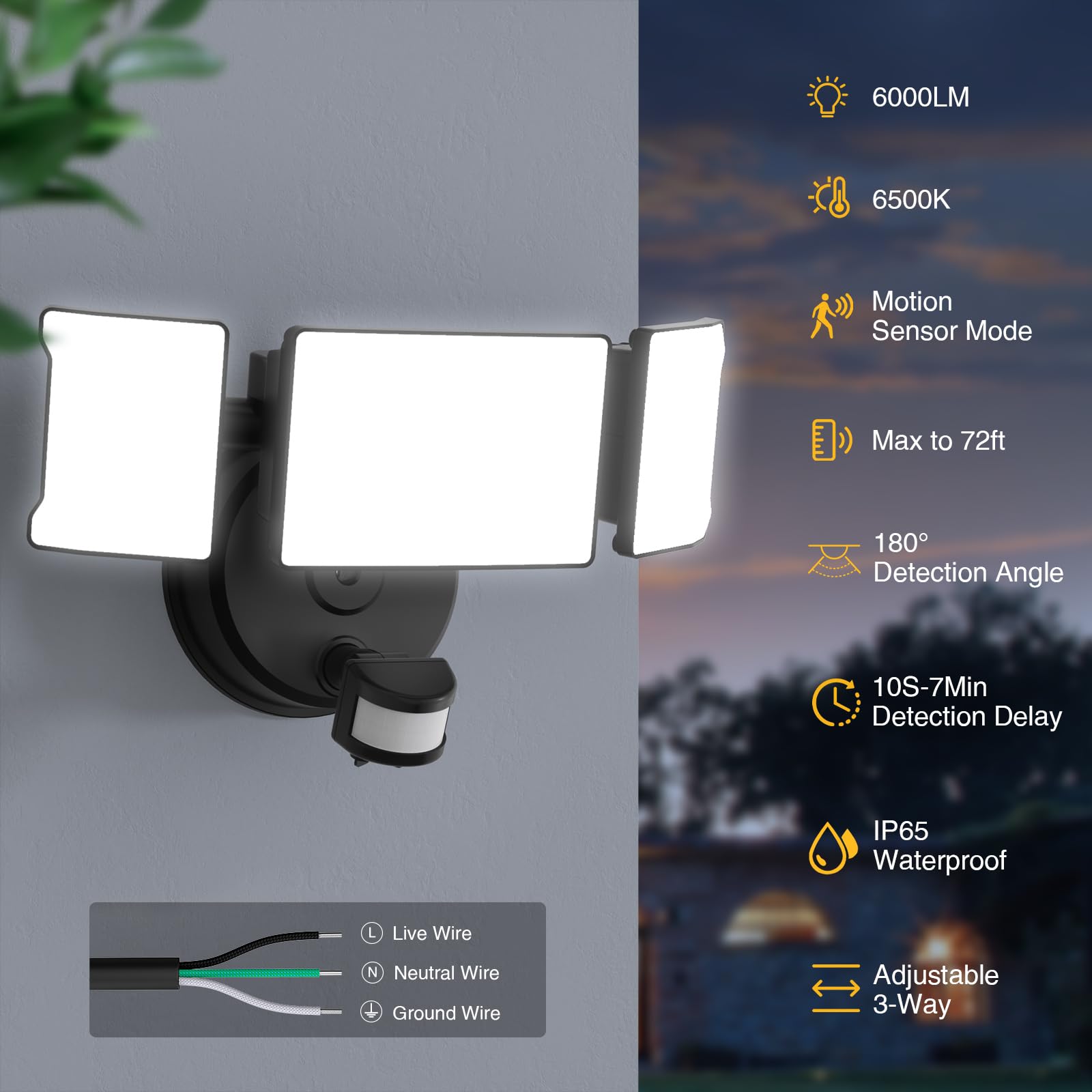 Onforu 65W Motion Sensor Outdoor Lights, 6000Lm 6500K Daylight Flood Lights Outdoor Motion Sensor, Ip65 Waterproof Motion Detect