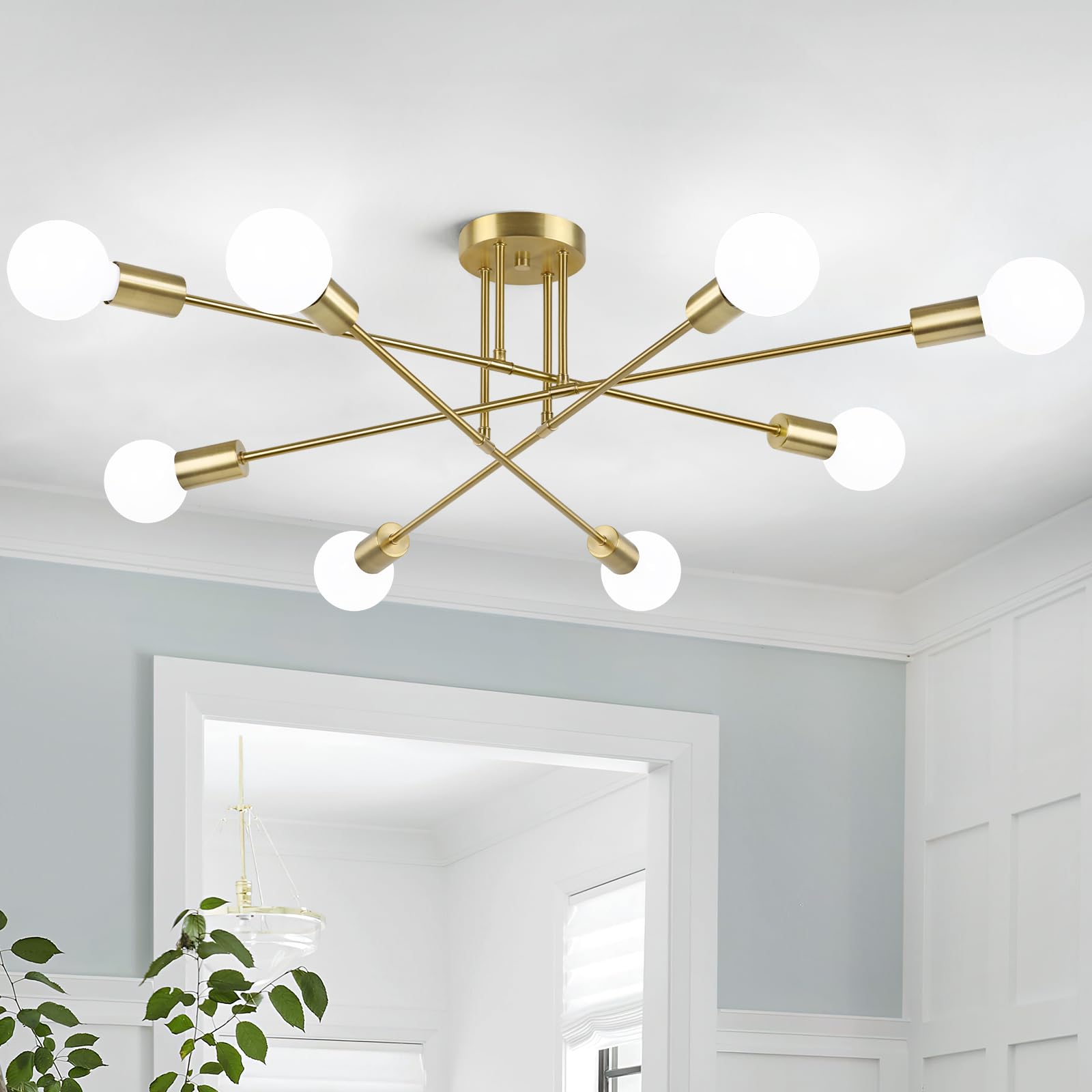 Modern Sputnik Chandelier 8-Light Industrial Ceiling Lights Fixture 32'' Gold Semi Flush Mount Ceiling Light with E26 Base Sputn