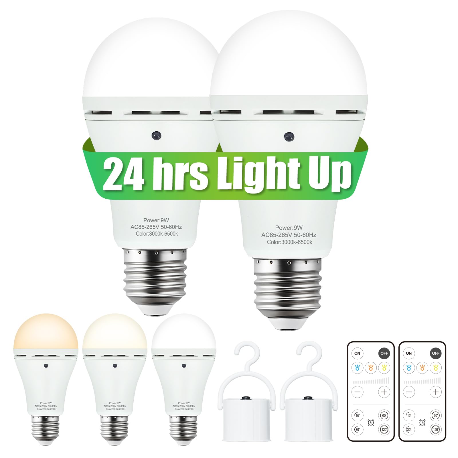 DEBAOBULB Omni Rechargeable Light Bulbs 2 Pack, 9W LED, Dimmable 3000k-6500k, Battery Powered for Emergency Use, Model DE-