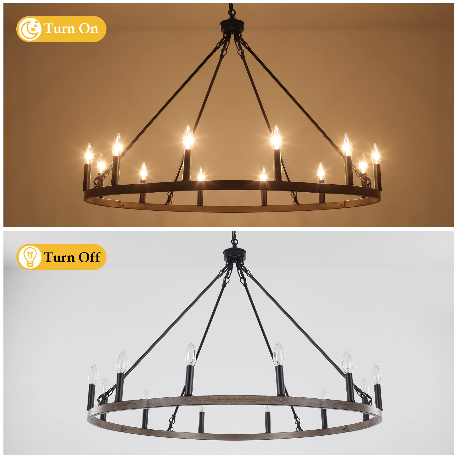 Zjvaive 12-Light Black Wagon Wheel Chandelier, 38''Rustic Farmhouse Chandelier,Round Hanging Ceiling Pendant Light Fixture,For K