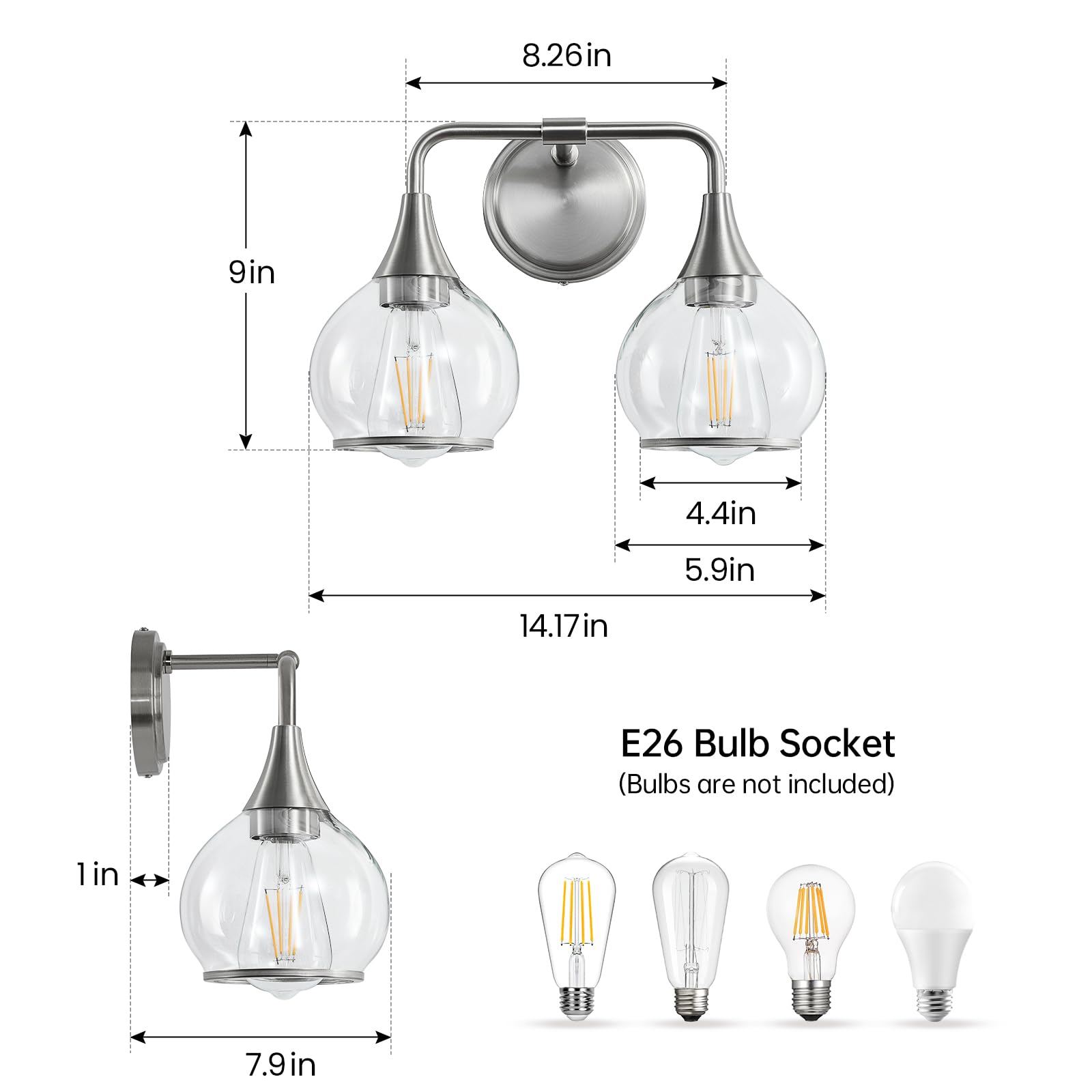 HAHZT Brushed Nickel Bathroom Vanity Light Fixture 2 Lights Metal 14 inch Wall Sconce Model 8033ML