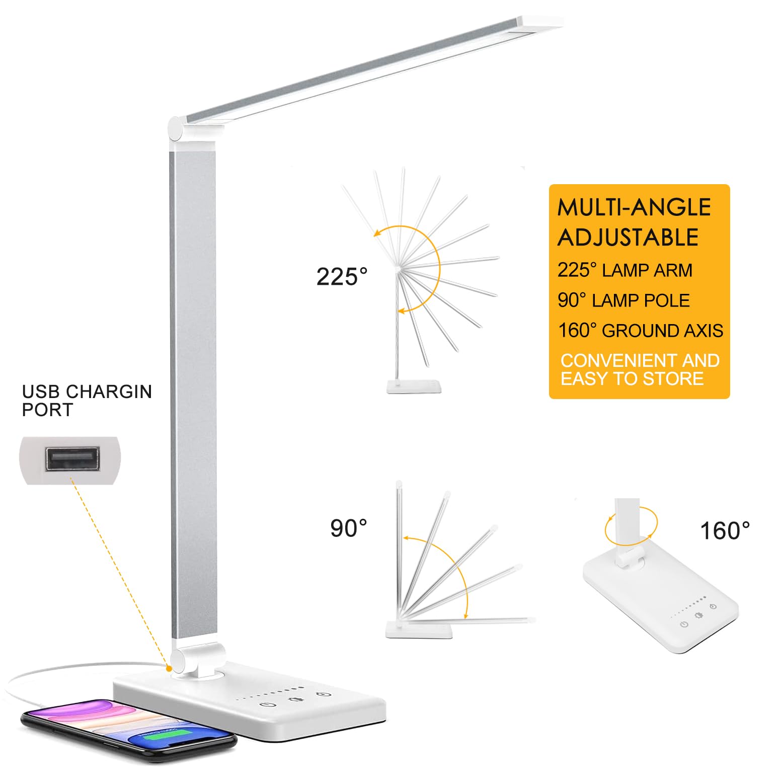 Hmfuntm Led Desk Lamp, Desk Lamp With Usb Charging Port, 5 Color Modes, 10 Brightness, Natural Light, Eye Caring Reading Lamp, D