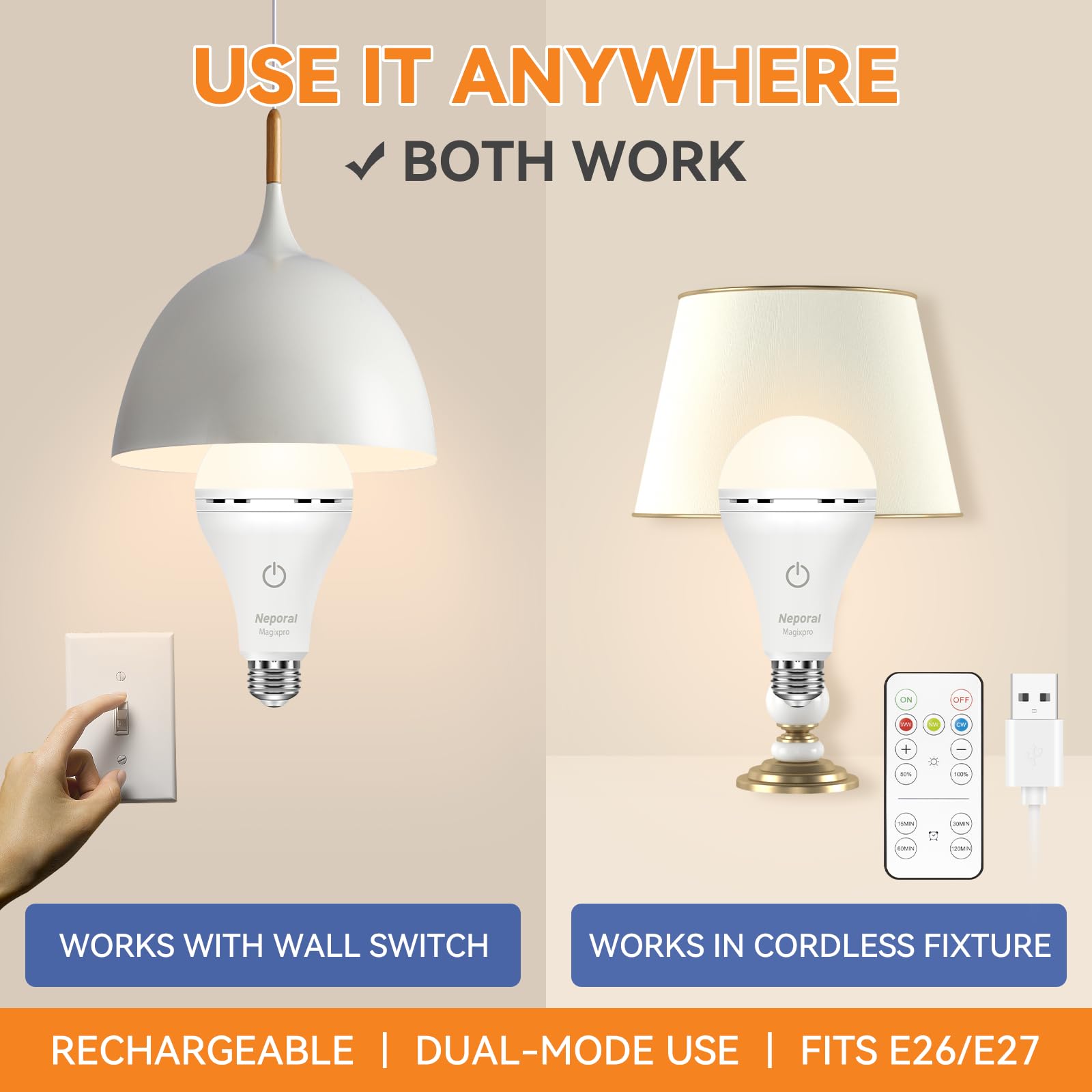 Neporal MagixPro Remote Dimmable LED Bulbs, 1800mAh Battery, USB & Socket Charging, 3000-6000k, 4 Pack, Model QP-