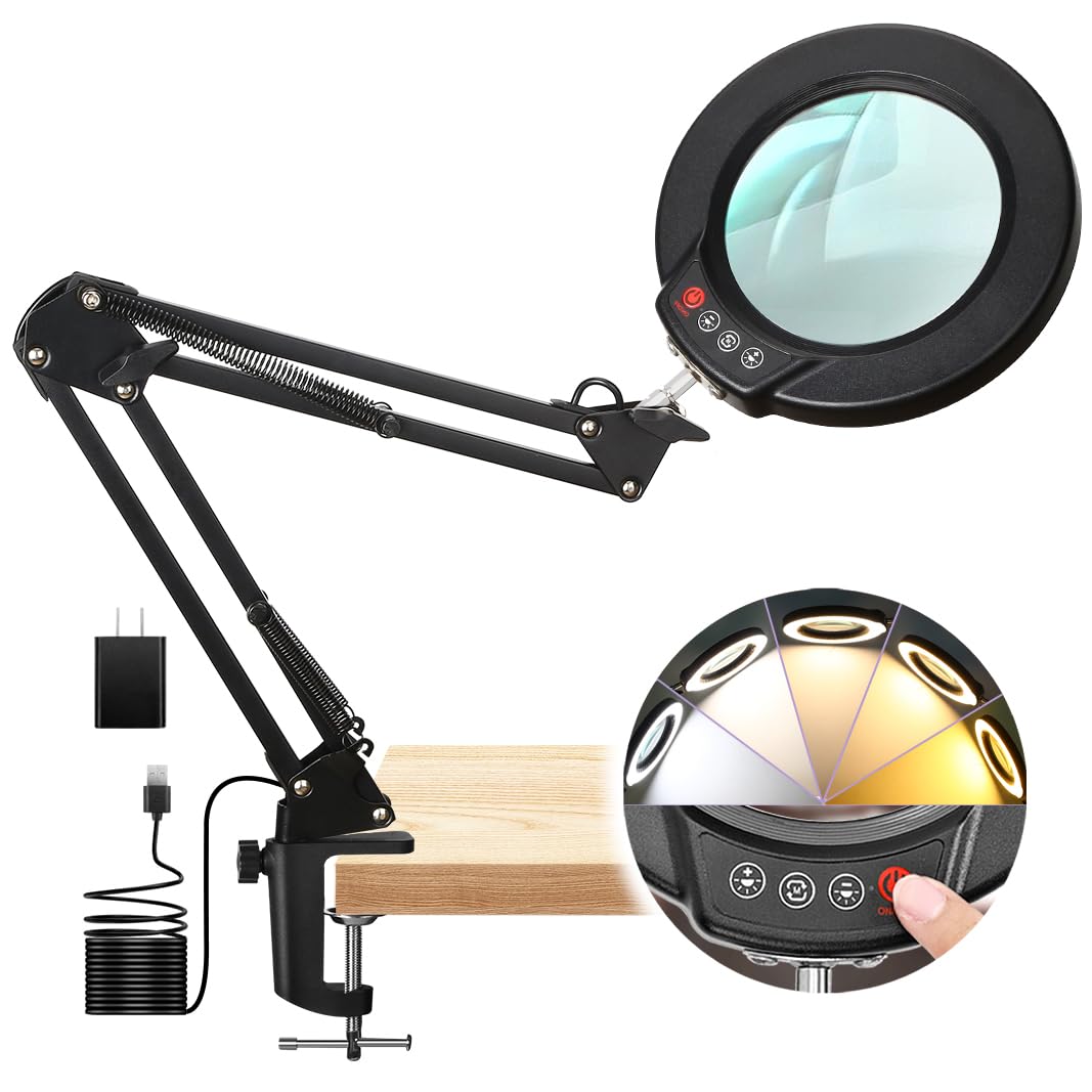 Seylae 10X Magnifying Glass With Light And Clamp, Real Glass Lens Lighted Magnifier With Stand, 5 Color Modes Led Dimmable Magnifying Desk Lamp Hands Free For Crafts Jewelry Painting Sewing Close Work