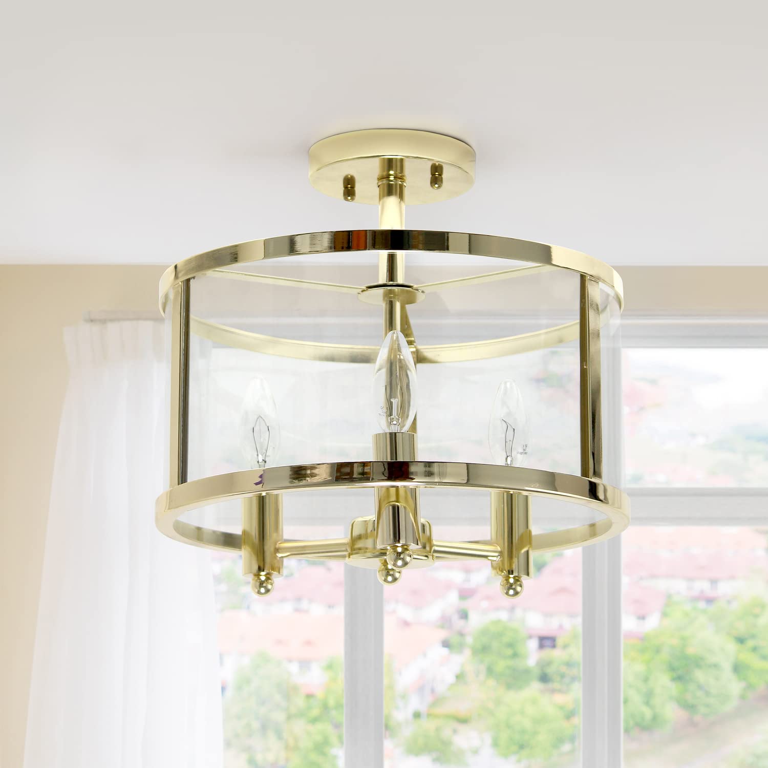 Elegant Designs FM1005-GLD 3-Light Semi-Flushmount Ceiling Light, 13in Gold Glass Shade, Traditional Farmhouse Industrial Style