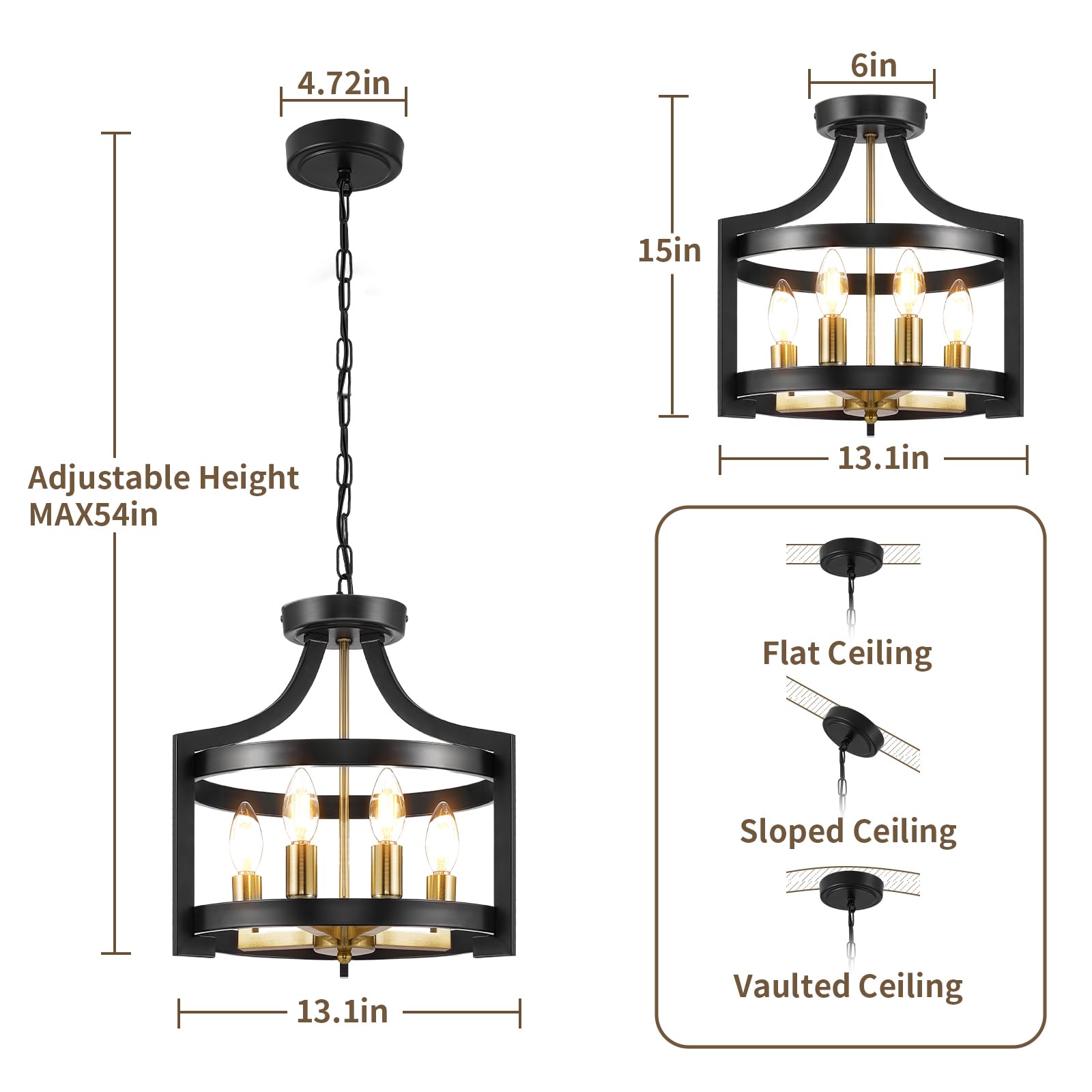 HOXIYA Farmhouse Chandelier - Adjustable Height Pendant Light, 4 Light Black and Gold, Metal, Model HOXIYA-J-PL0702 for Dining Room Foyer