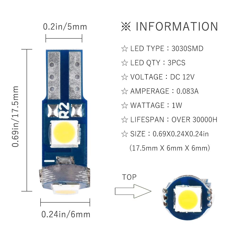 1797 T5 Led Bulb - White 6000K 3030 Smd Wedge Base - Pack Of 10 For Car & Truck Interior Lighting
