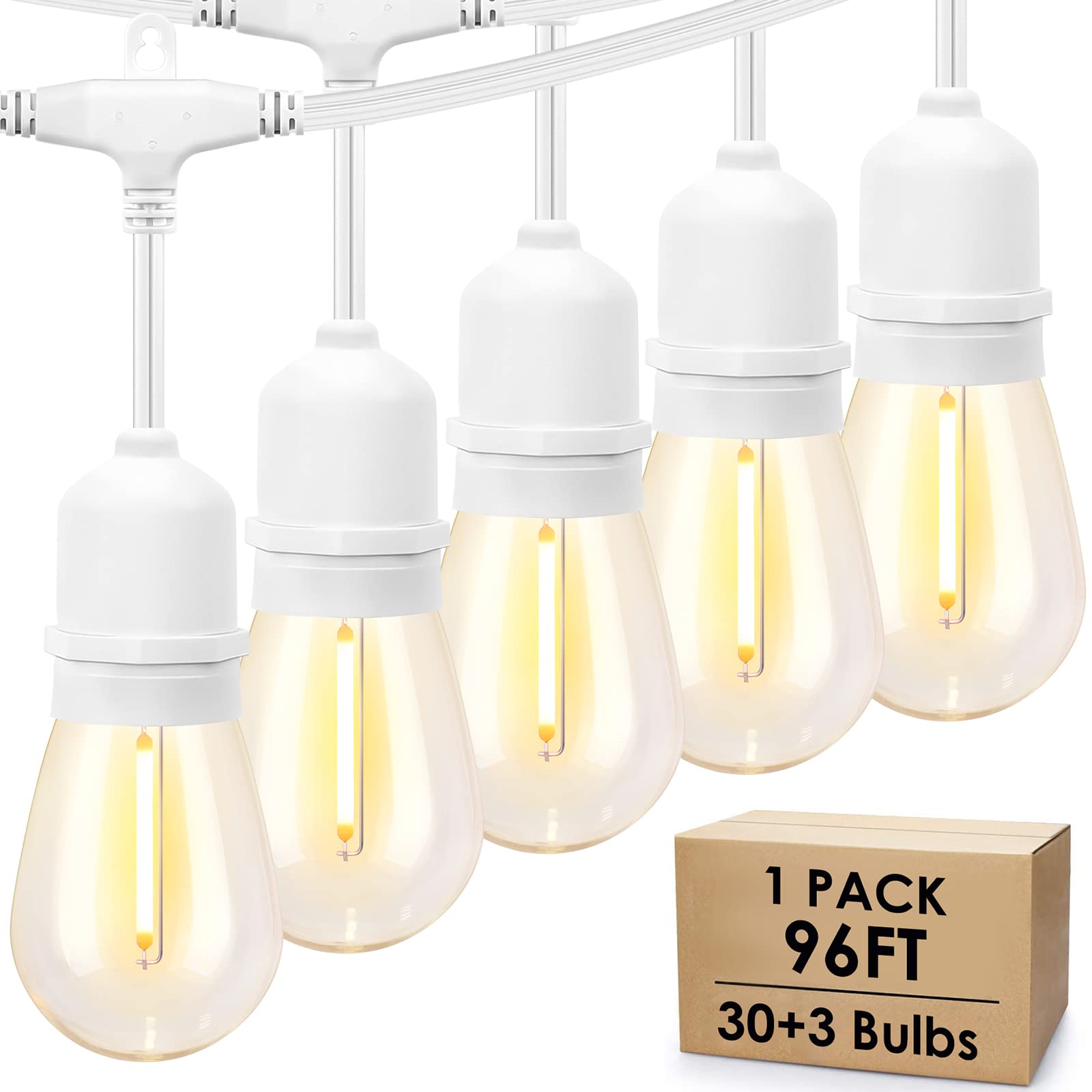 Mlambert White Cord 96FT Outdoor String Lights with 30+3 LED Plastic Bulbs, Dimmable Waterproof Shatterproof Linkable Patio Ligh