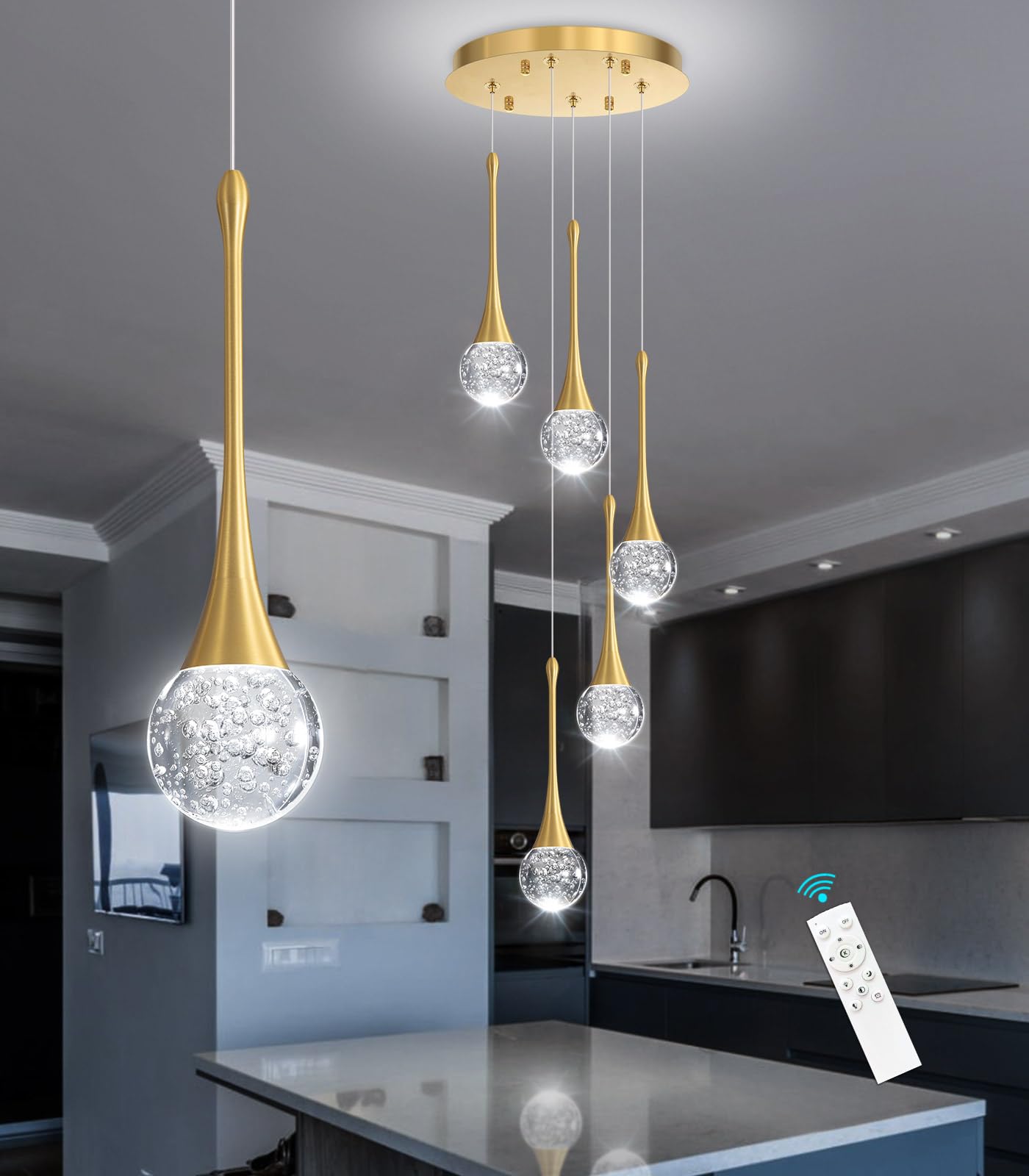 Cenzoz 5-Lights Modern Pendant Lights For Kitchen Island Led Dimmable Chandelier Crystal Glam Ceiling Pendant Lighting For Dining Room Hallway Bedroom Lamp Antique Gold