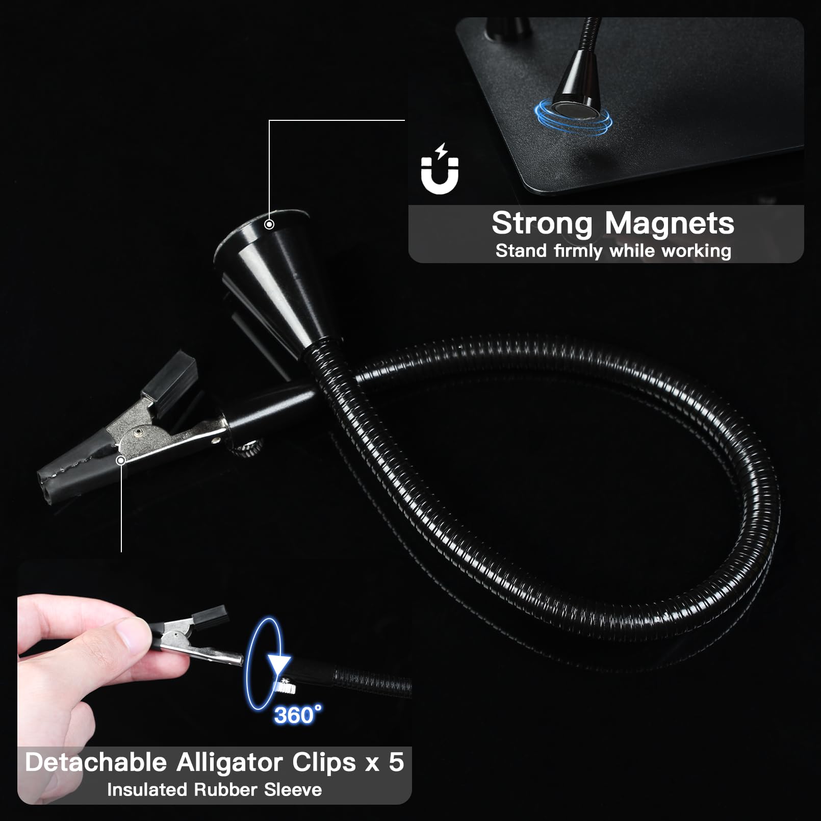 CHICLEW Helping Hands Soldering Station with Magnetic Arms, 10X Magnifying Glass, LED Light, Model JM-225-S, Black