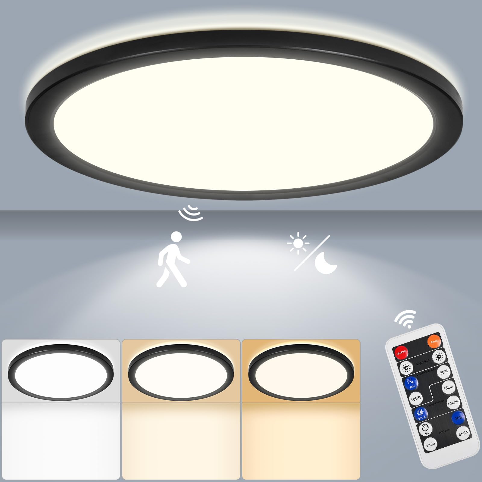 LEZOE 24W Motion Sensor LED Ceiling Light, Dimmable 12Inch, 2400lm, IP54, Black, Model LZ2210B