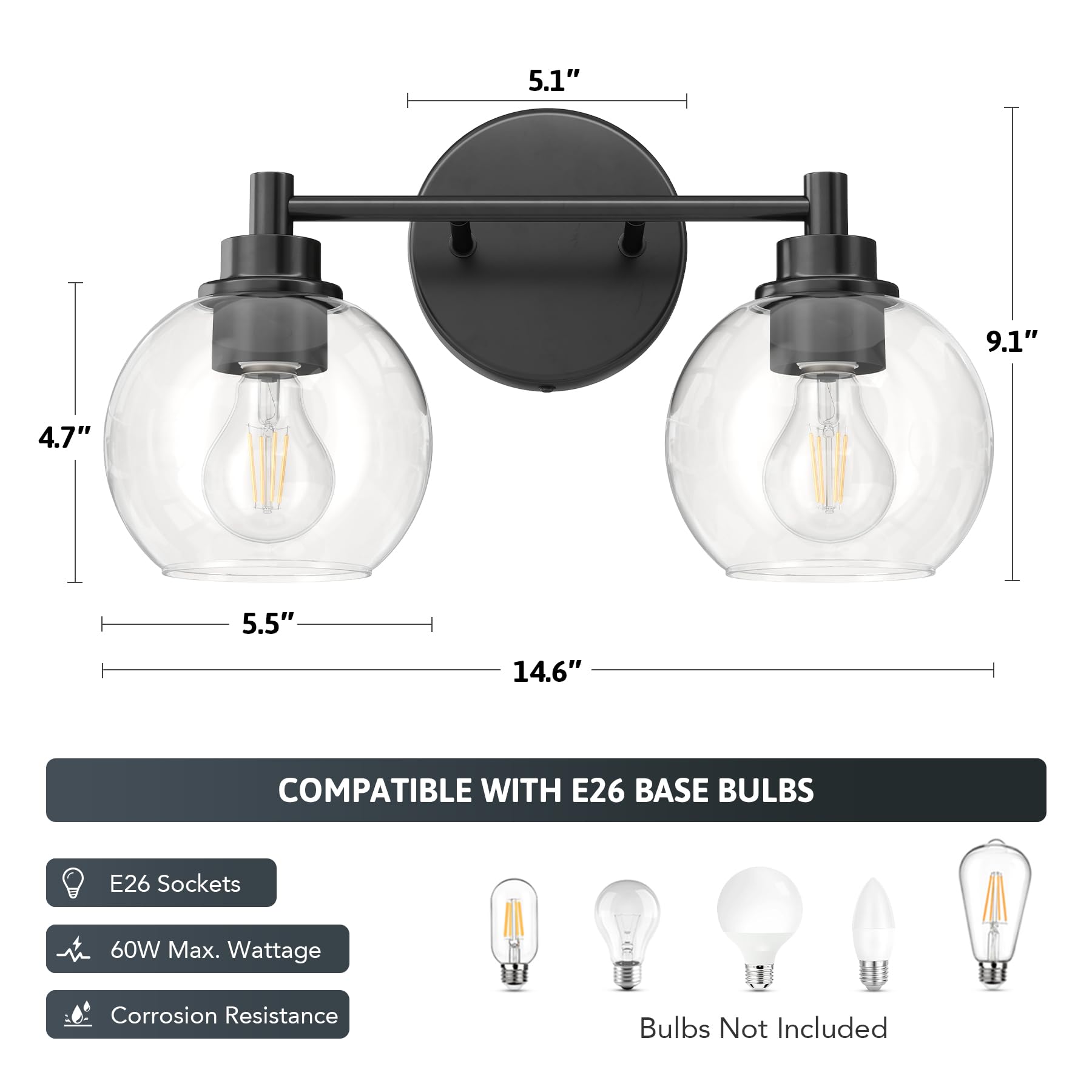 Vonluce Bathroom Light Fixtures, 2-Light Bathroom Vanity Light With Globe Glass Shades E26 Sockets, Vanity Lights For Bedroom Ha