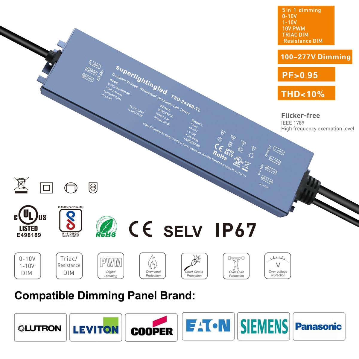 Dc24V 200W Ul-Listed 0/1-10V And Triac Waterproof Ip67 Dimmable Power Supply For Ip68 Dimming Led Strip Lights, Outdoor Pool 24V Led Underwater, Wash Wall, Use In Water Or Soil