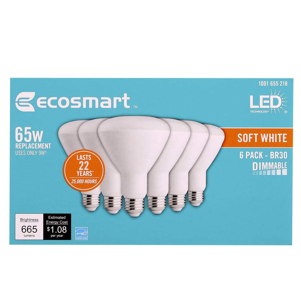 EcoSmart LED BR30 Dimmable Reflector Lamp, Soft White 2700K, 6 Pack, Medium Base E26, Energy Star Rated, 10.5W Replacement for 65