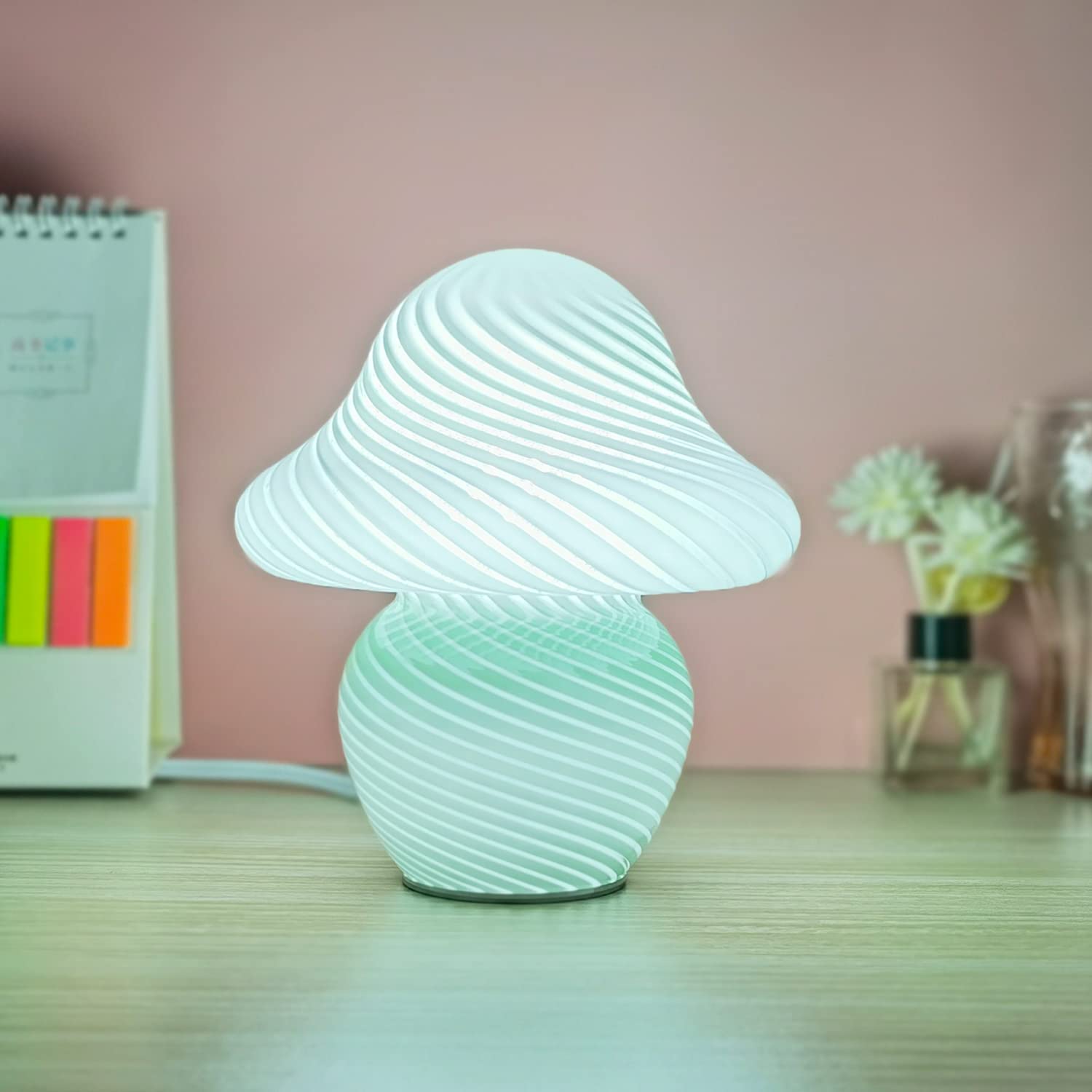 Cometmars Mushroom Lamp, Small Green Table Lamp With Striped Glass, Cute Little Swirl Sage Green Nightstand Lamp For Bedroom Bed