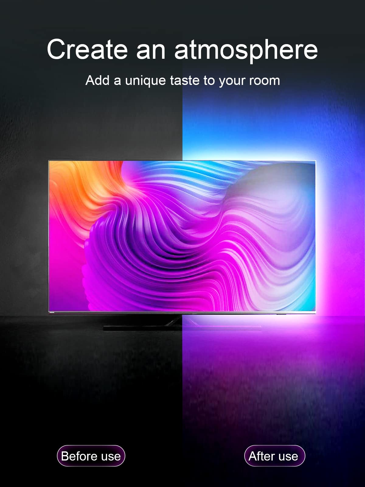 KANTUTOE LED TV Backlight Strip Lights, 23ft for 70-100" TVs, RGB, Music Sync, Remote & Bluetooth Control, Multicolor, Model ssg-002