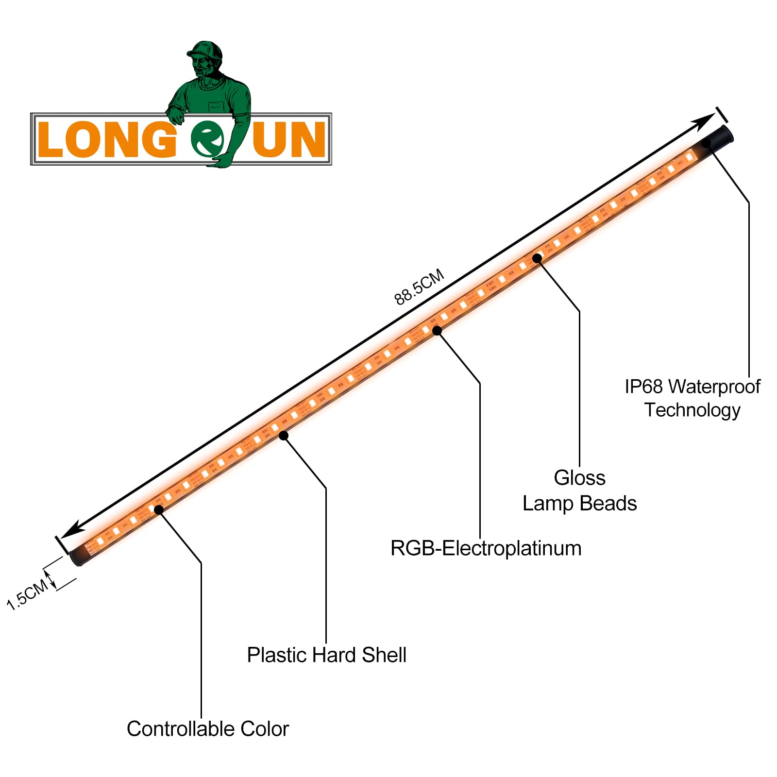 Longrun 34.85" LED Strip - Waterproof Color Changing Garden Lights for Pond, Pool, and Home Decoration - Black, Polycarbonate