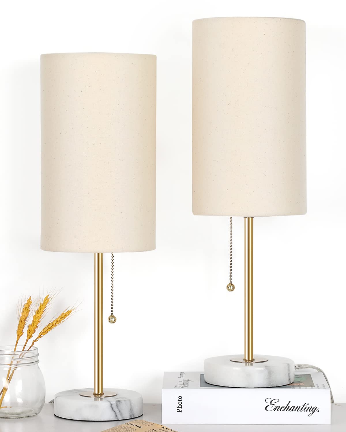 JUNNAI Bedside Table Lamp Set of 2 - 18.5" Dimmable Linen Shade, Marble Base, Gold Pole