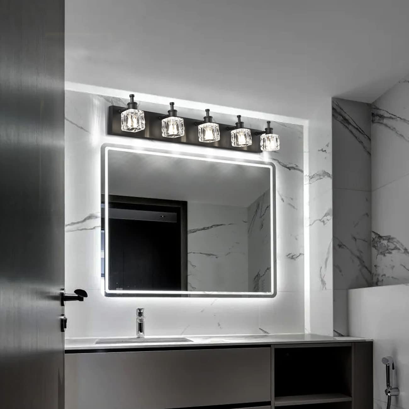 PRESDE Black Crystal Bathroom Vanity Light Fixture, 5-Lights, Metal Matt Black, Model HU-XI-201