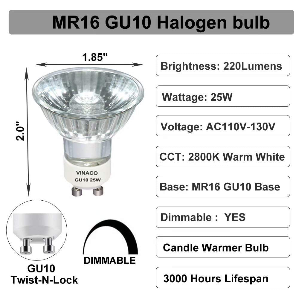 Vinaco GU10 25W Halogen Bulb Candle Warmer Replacement, Warm White, 6 Count, Glass Cover, Fits MR16 JDR, 120V