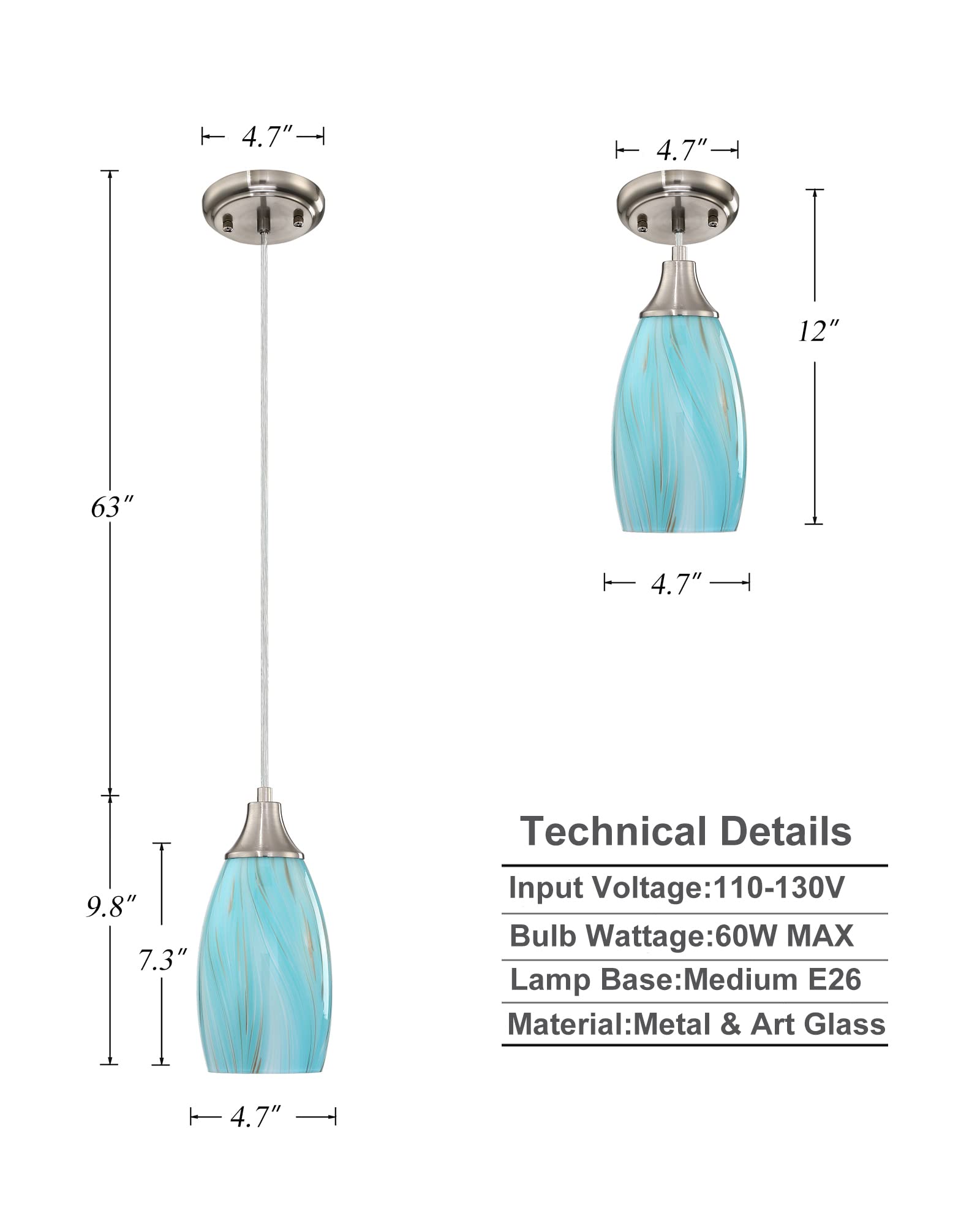 Karyfine Mini Pendant Light,Handcrafted Art Glass Pendant Lighting Shade With Brushed Nickel Finished Teal Glass Ceiling Hanging