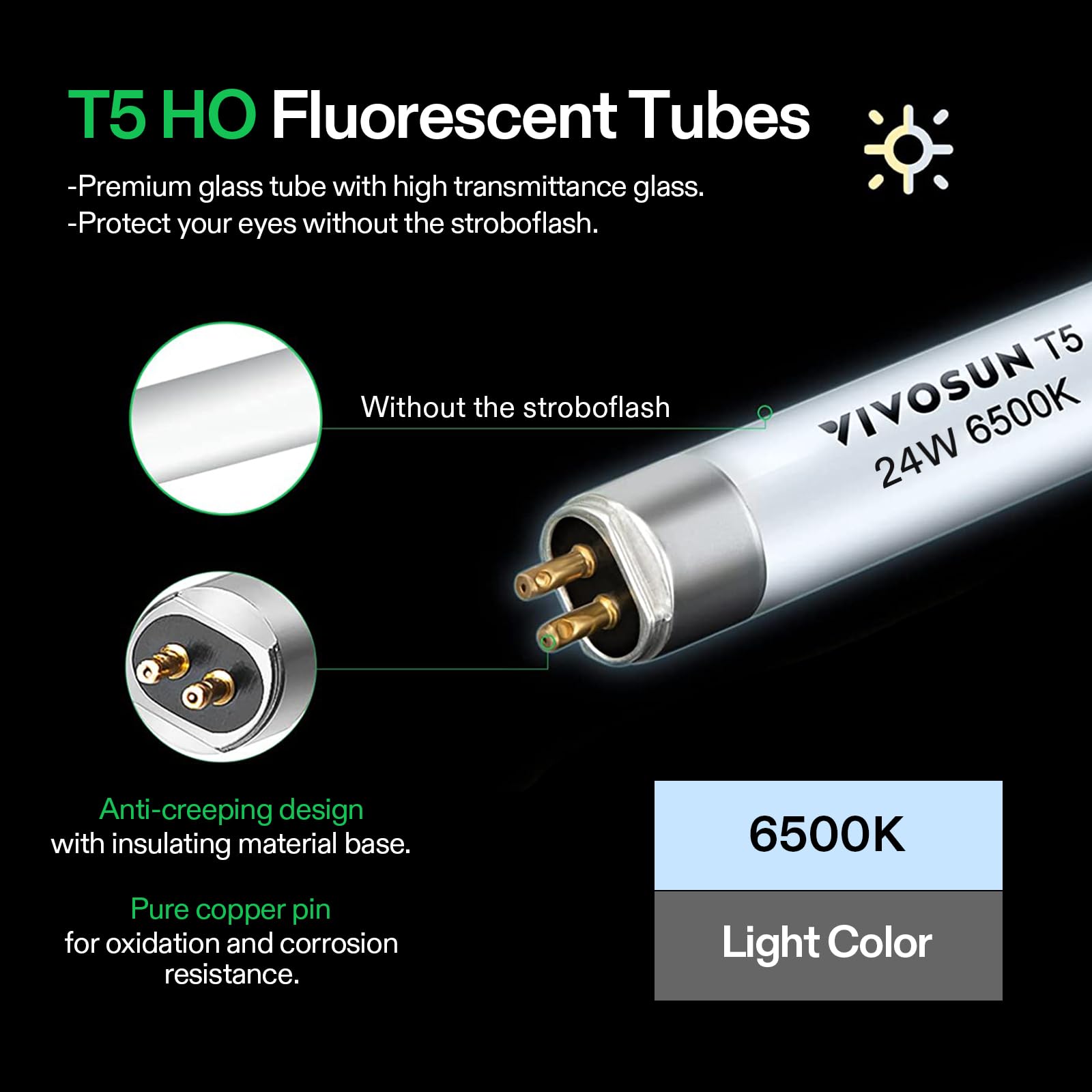 Vivosun T5 Grow Light Bulbs 2 Ft 22 Inches, 24W 6500K Ho Fluorescent Tubes Light Bulbs, Cool White T5 Bulb For 22 Inches T5 Light Fixtures, T5 Grow Lights For Indoor Plants, 2 Ft 24W Pack Of 5