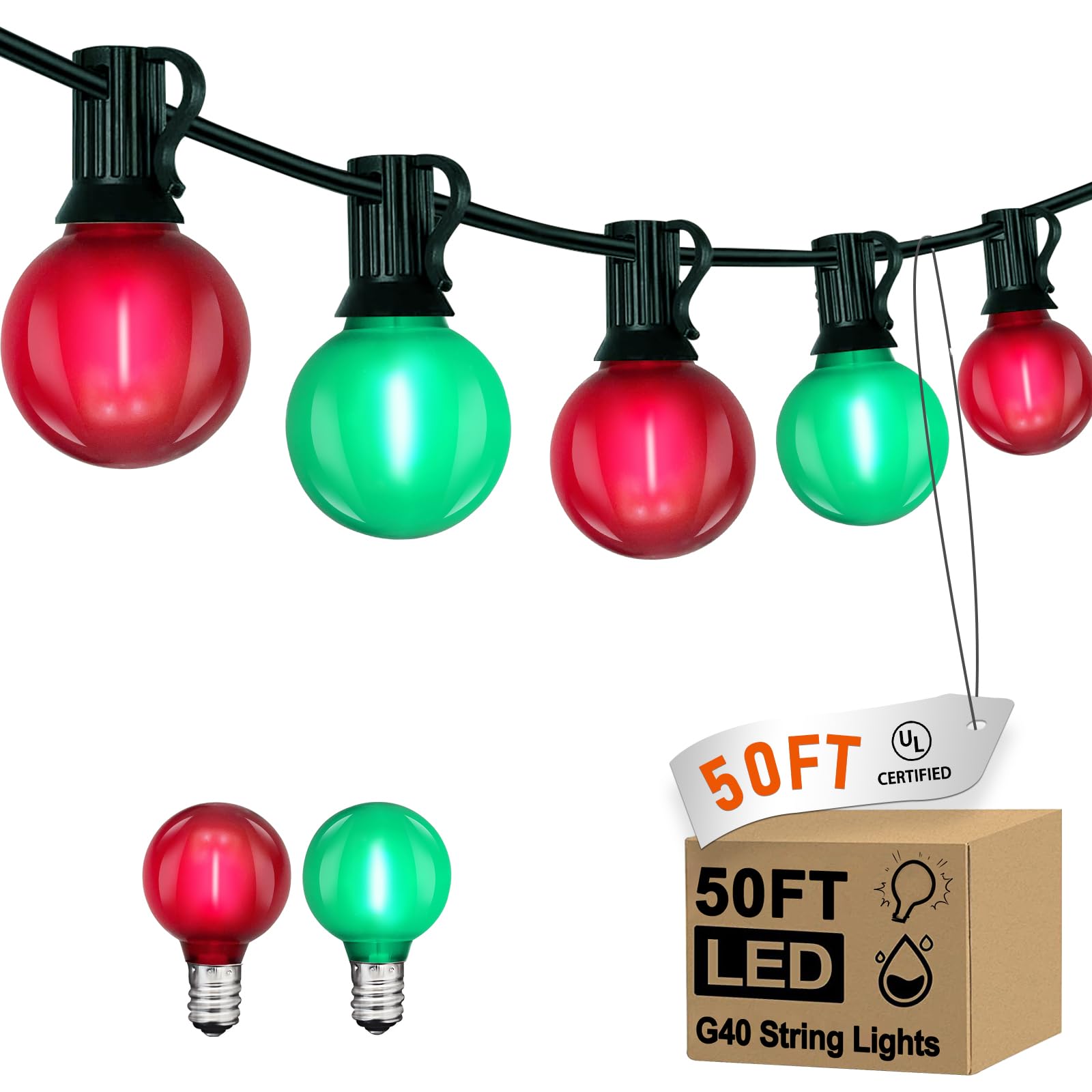 G40 LED Outdoor Christmas String Lights 50FT Hanging Globe String Light with 27 LED Shatterproof Frosted Red Green Lights(2 Spare)  Waterproof Patio String Lights for Balcony Backyard Pergola Decor