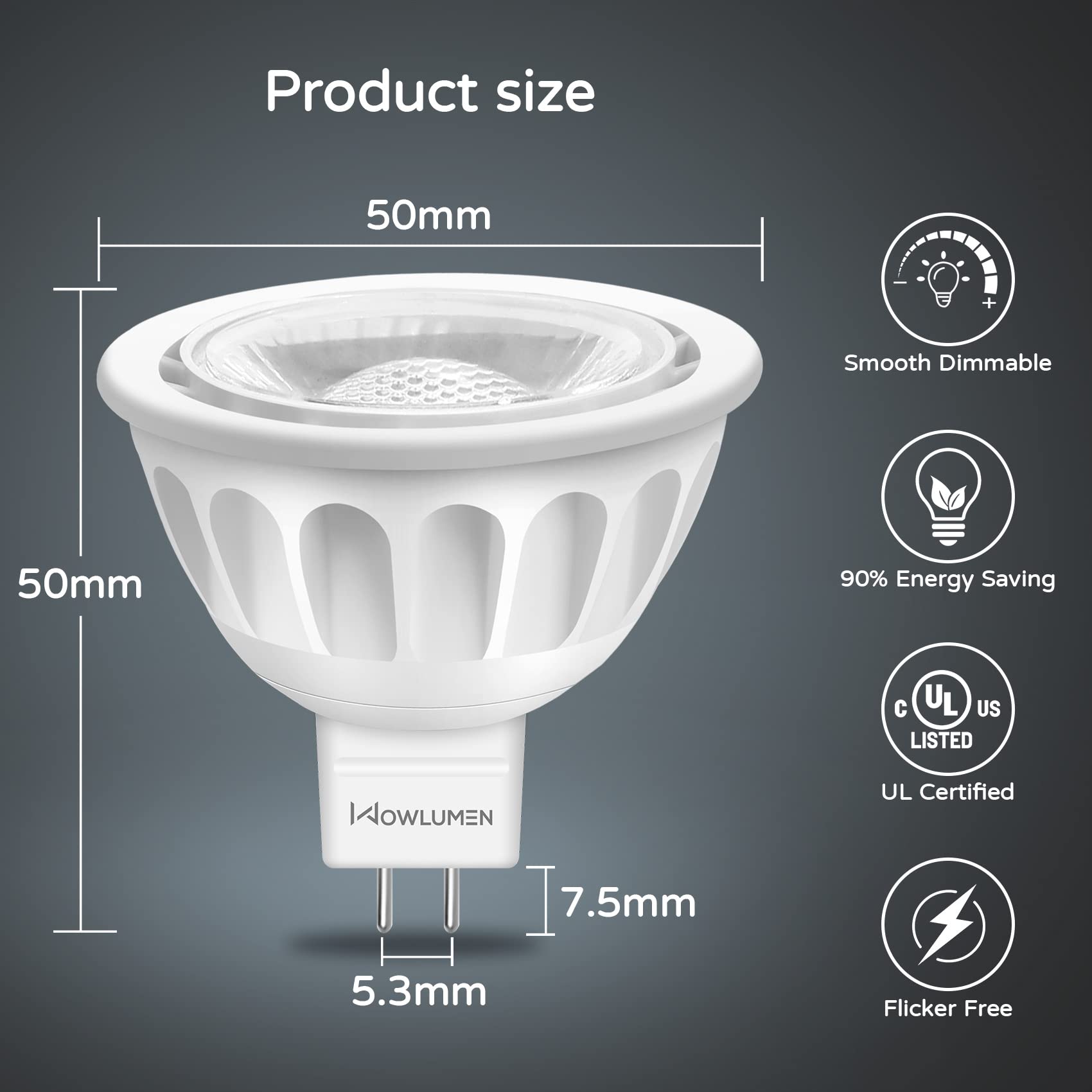 WOWLUMEN MR16 LED Bulb 5W Dimmable 6 Pack GU5.3 Base 5000K Warm White Aluminum