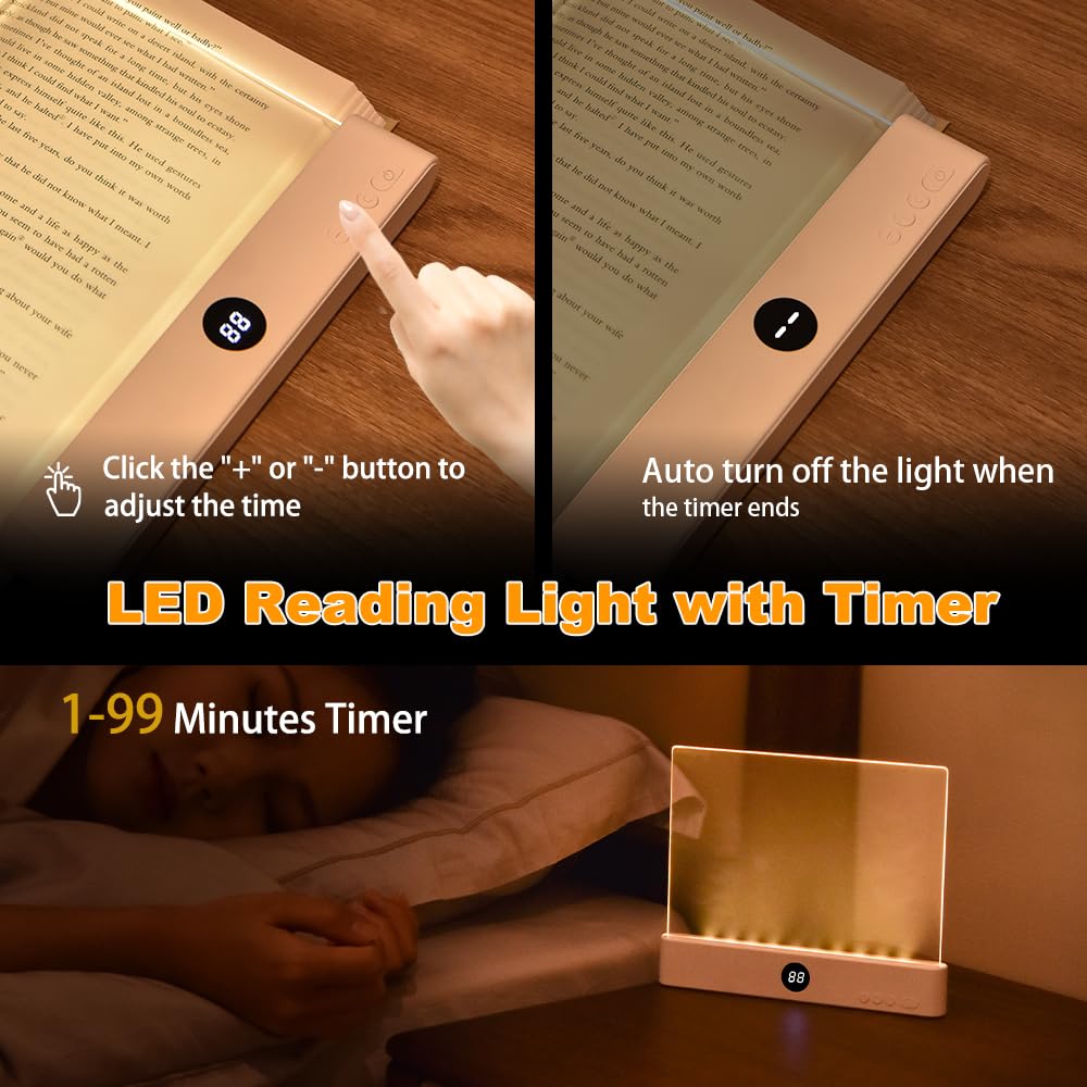 Book Light  Rechargeable Clear Led Flat Reading Light With 3 Colors & Timer  Dimmable Panel Plate Lamp Book Full Page Light For Reading In Bed At Night  Funny Gifts For Readers Kids Women Men (White)