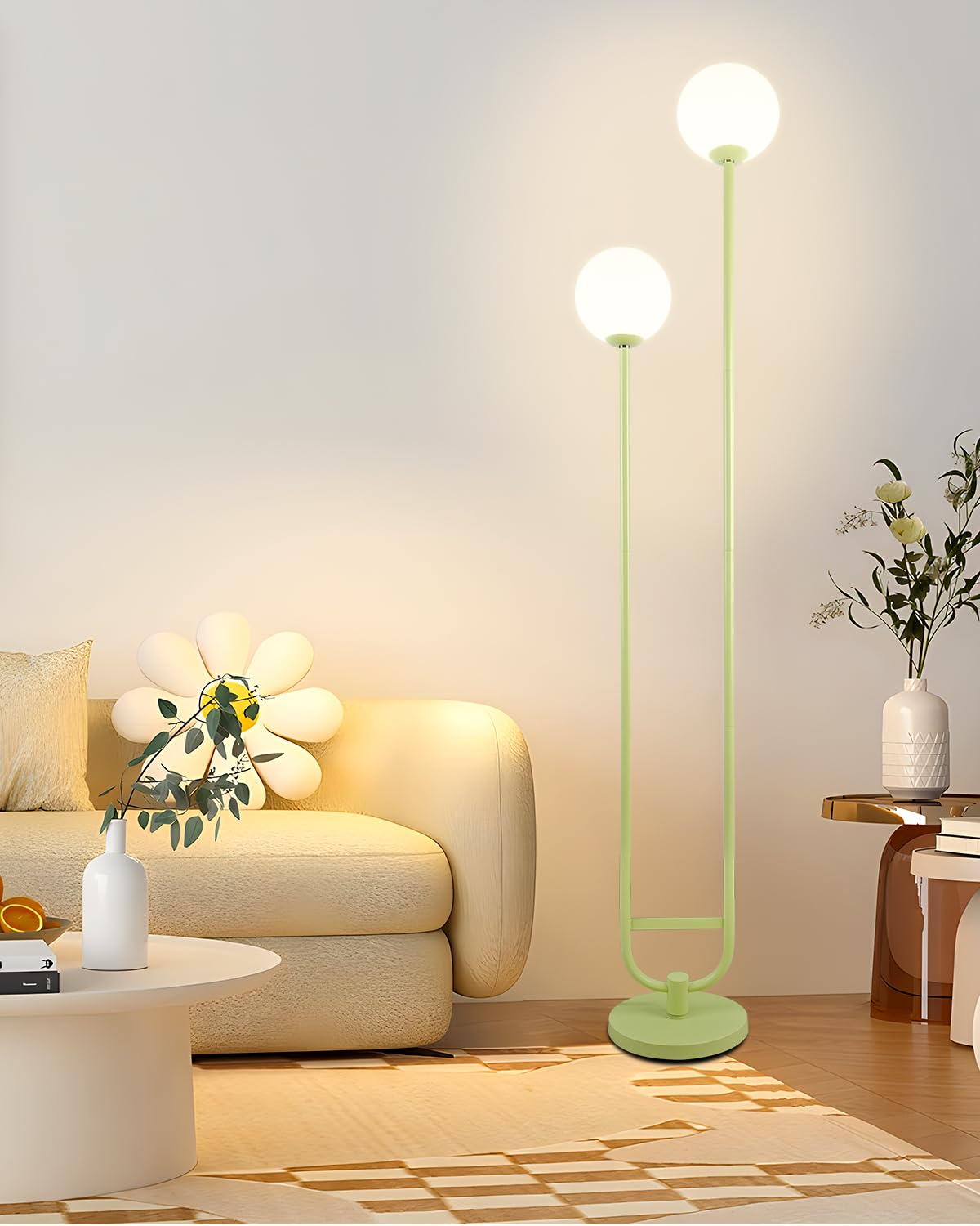 Lightdot 63IN Globe Floor Lamp with Green U Pole, Modern Mid Century Standing Lamps with 2 Globe Warm White 3000K Bulbs Included