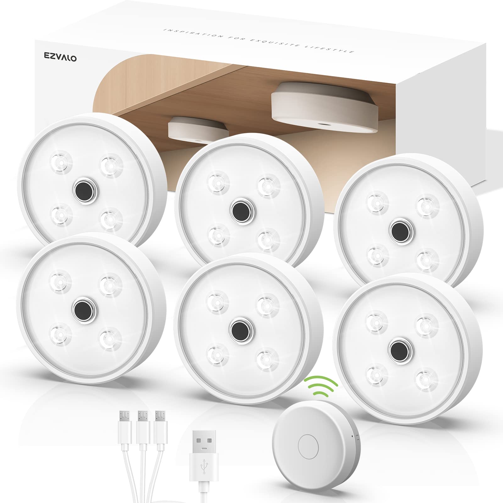 Ezvalo Puck Lights With Remote Control, Rechargeable Led Battery Operated, Wireless, Group Control, Dimmable Under Cabinet/ Coun