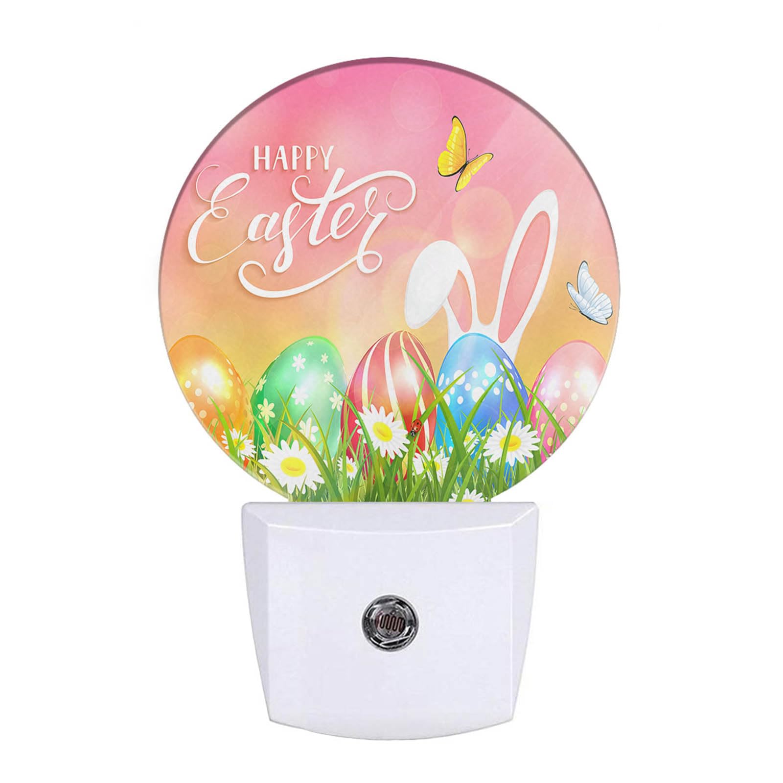 Uanvaha Easter Bunny Eggs Night Light Butterfly Green Grass Spring Farmhouse Dusk to Dawn Night Lamp Auto Sensor for Bedroom Bat