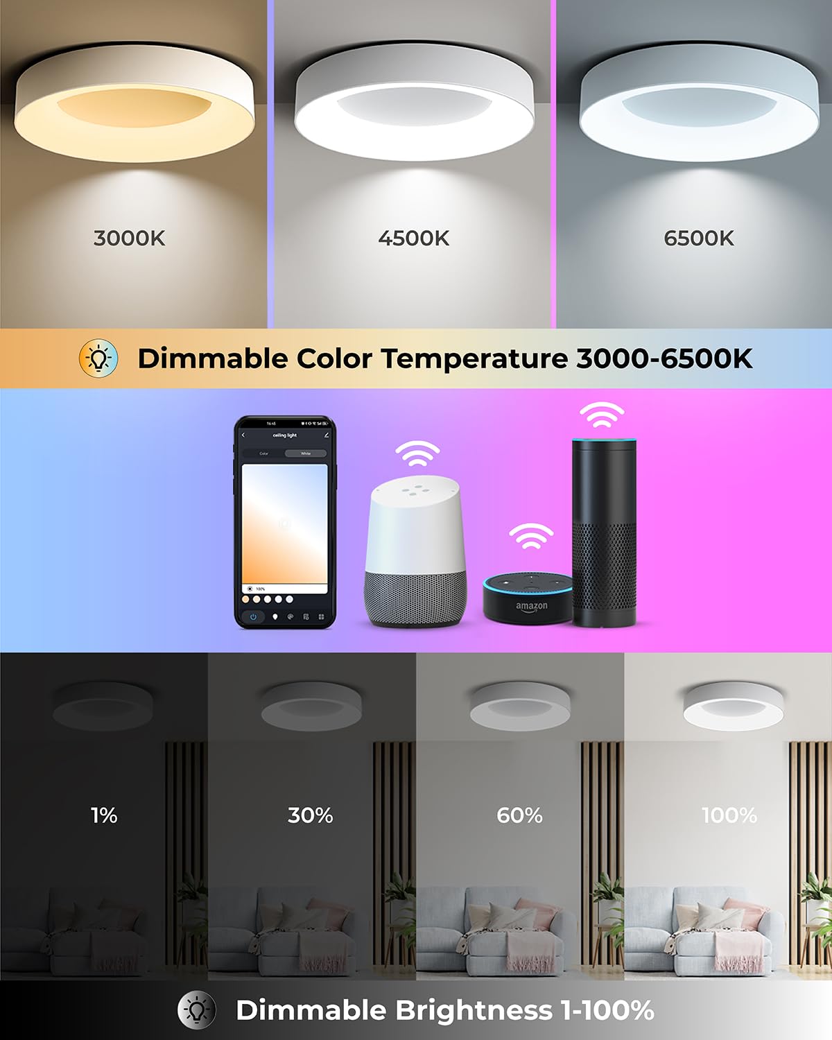 Annaror Smart WiFi Ceiling Light Fixture, RGB LED, 2400LM, 11in, 3000K-6500K, Plastic, Model LS-CL-H24W-D