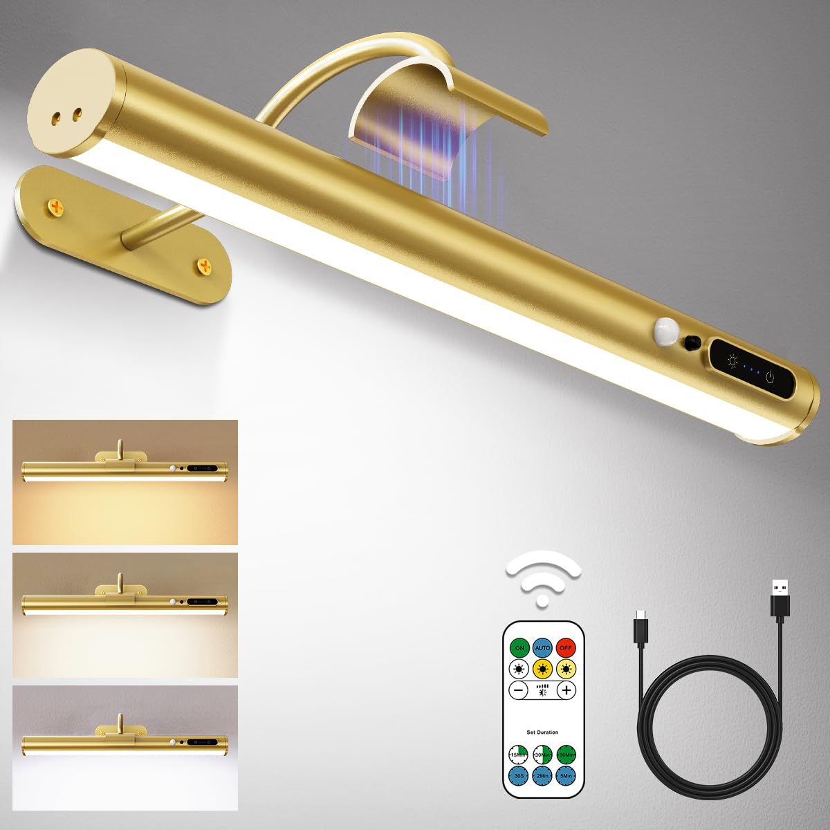 Hapfish Motion Sensor Wall Sconce, Wireless Rechargeable Picture Light, Remote Control, Gold