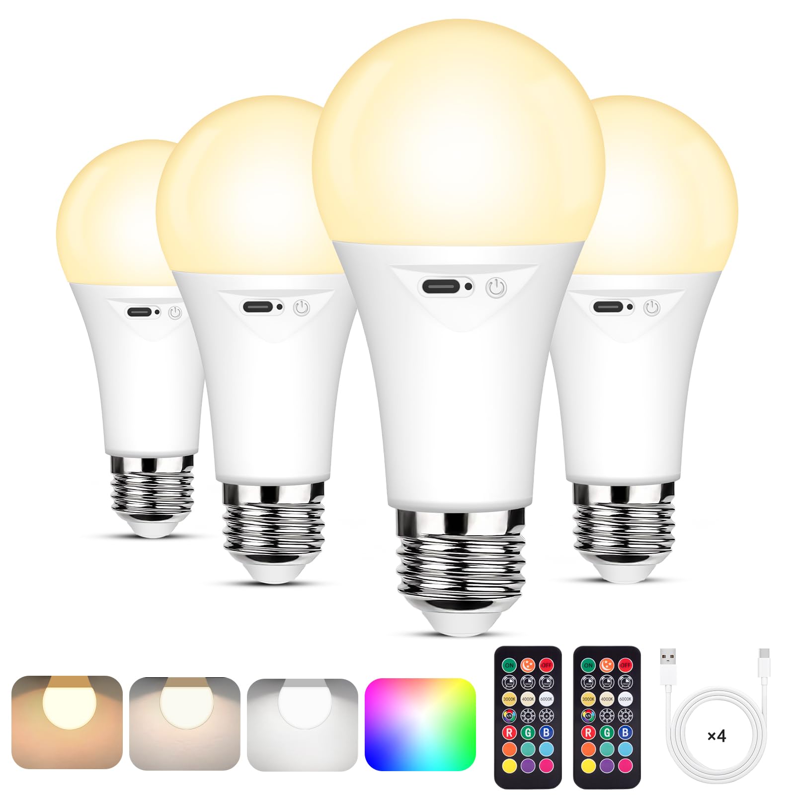 Yochoice Rechargeable Dimmable A19 Light Bulb, 9 Colors, 3 Timers, 4 Pack, White, Model HR-IRDA21S1
