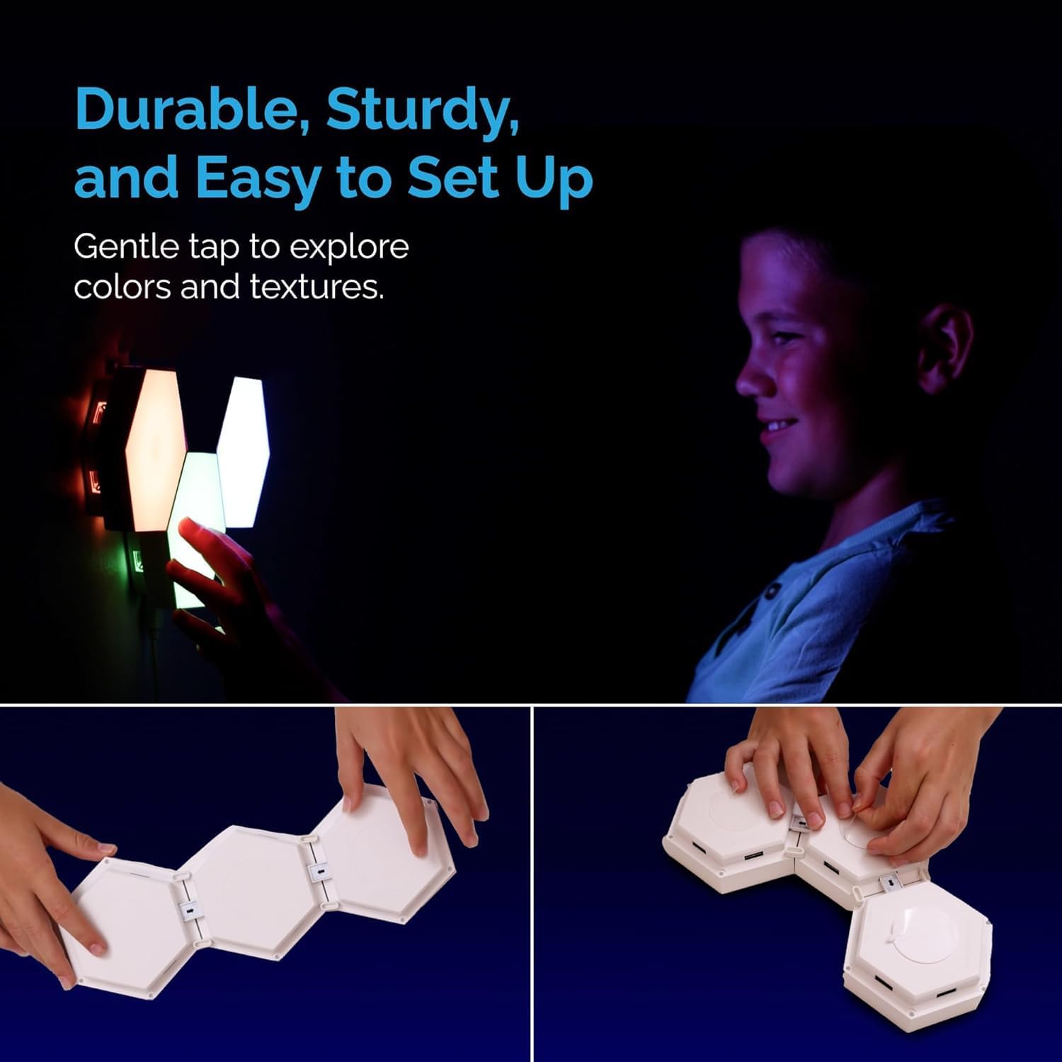 Emberela HEXlights 3pk Touch Hexagon Sensory Lights - Remote Control, Autism-Friendly, Table Stand Included