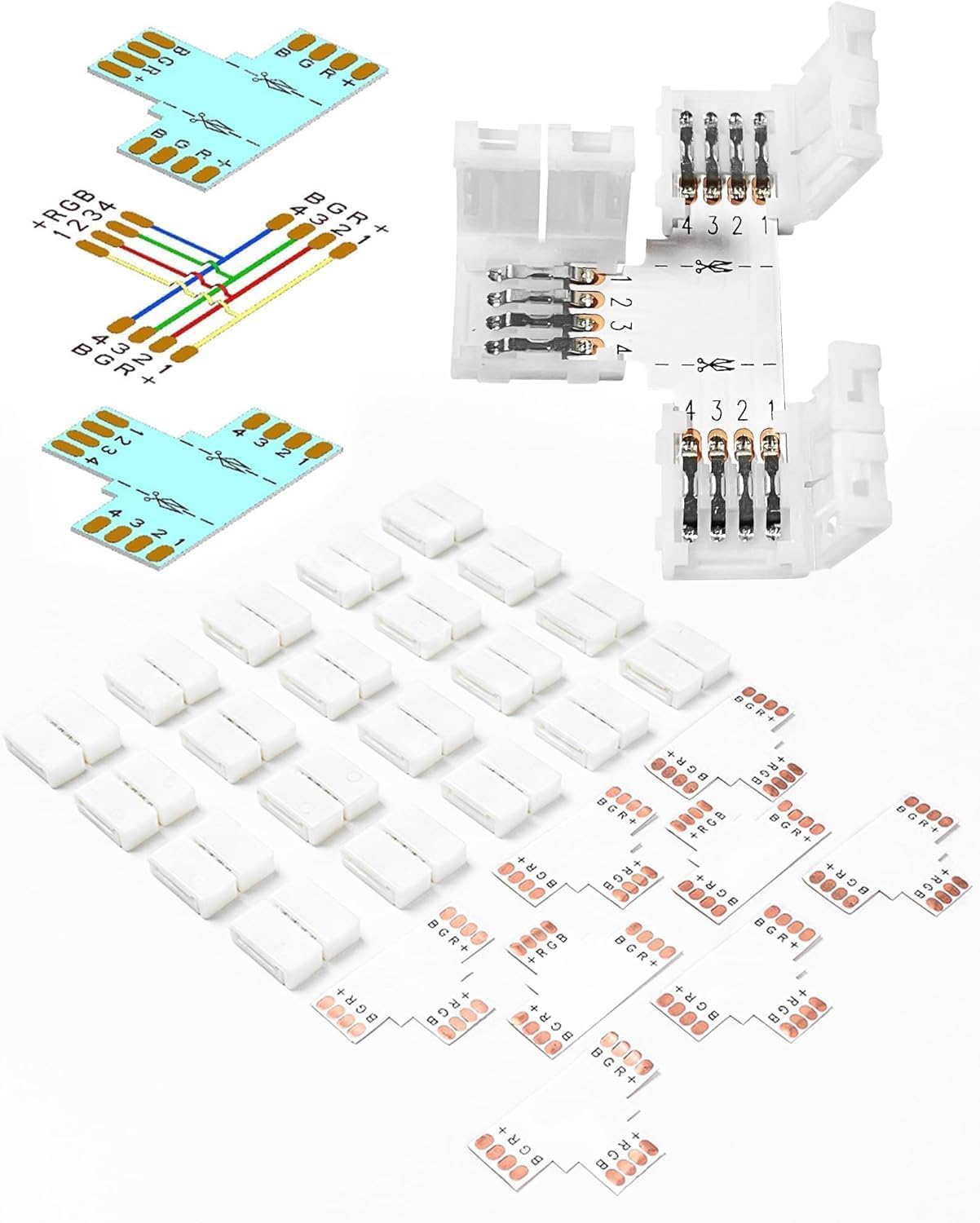Sunity 20Pcs 4-Pin LED Light Strip Connectors Set, T-Shape Clips, PBT Material, White, Model S-SC-820