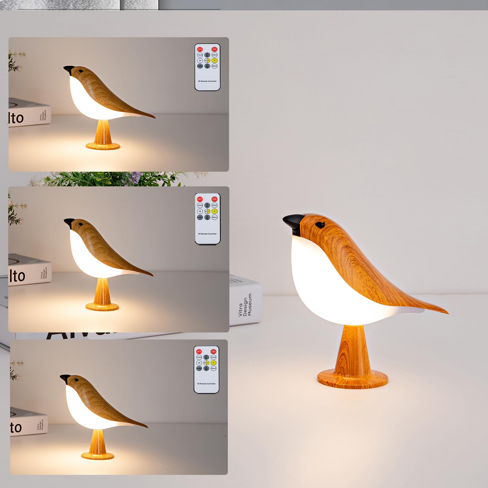 THOEWONG Small Bird Desk Lamp, Rechargeable, 3 Color Temperatures, Remote Control, Battery Operated, Wood Color, Model bird01