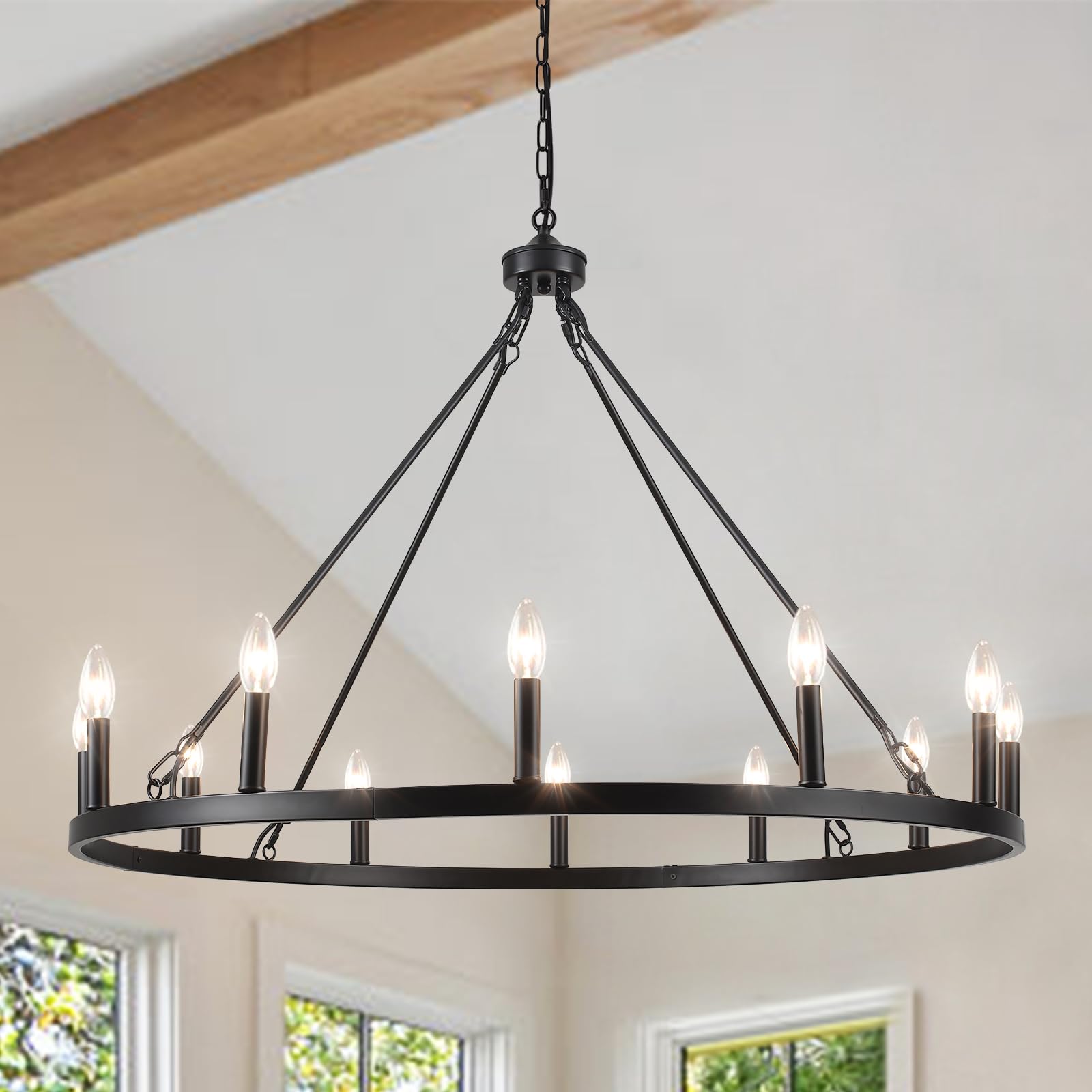 Wagon Wheel Chandelier 12 Light 38'' Large Black Farmhouse Chandelier For Dining Room Rustic Country Pendant Light Fixtures Hang