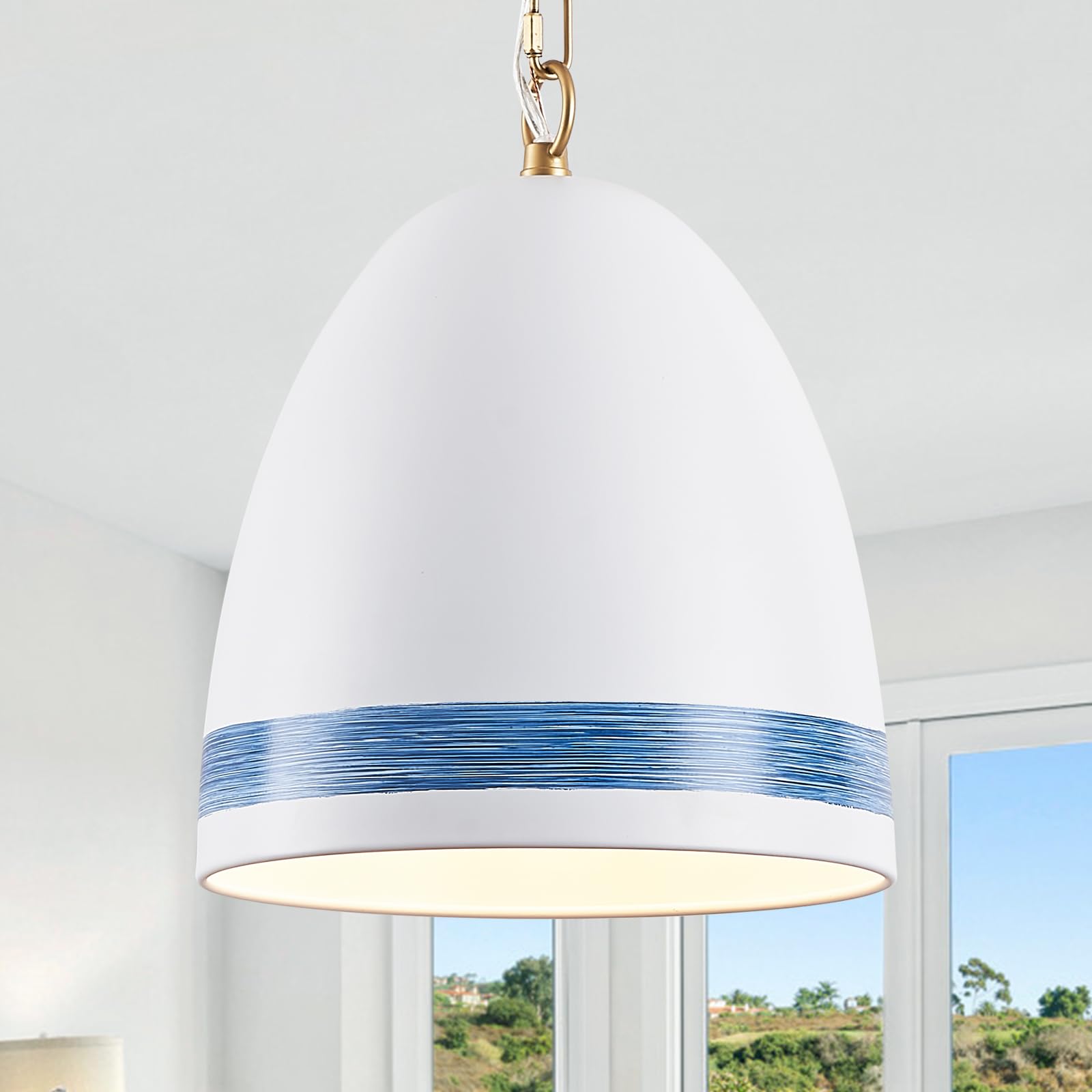 FookChak Coastal White Pendant Light Metal Dome Kitchen Island Pendant Lighting with Chain 10in Large Pendant Hanging Light Over