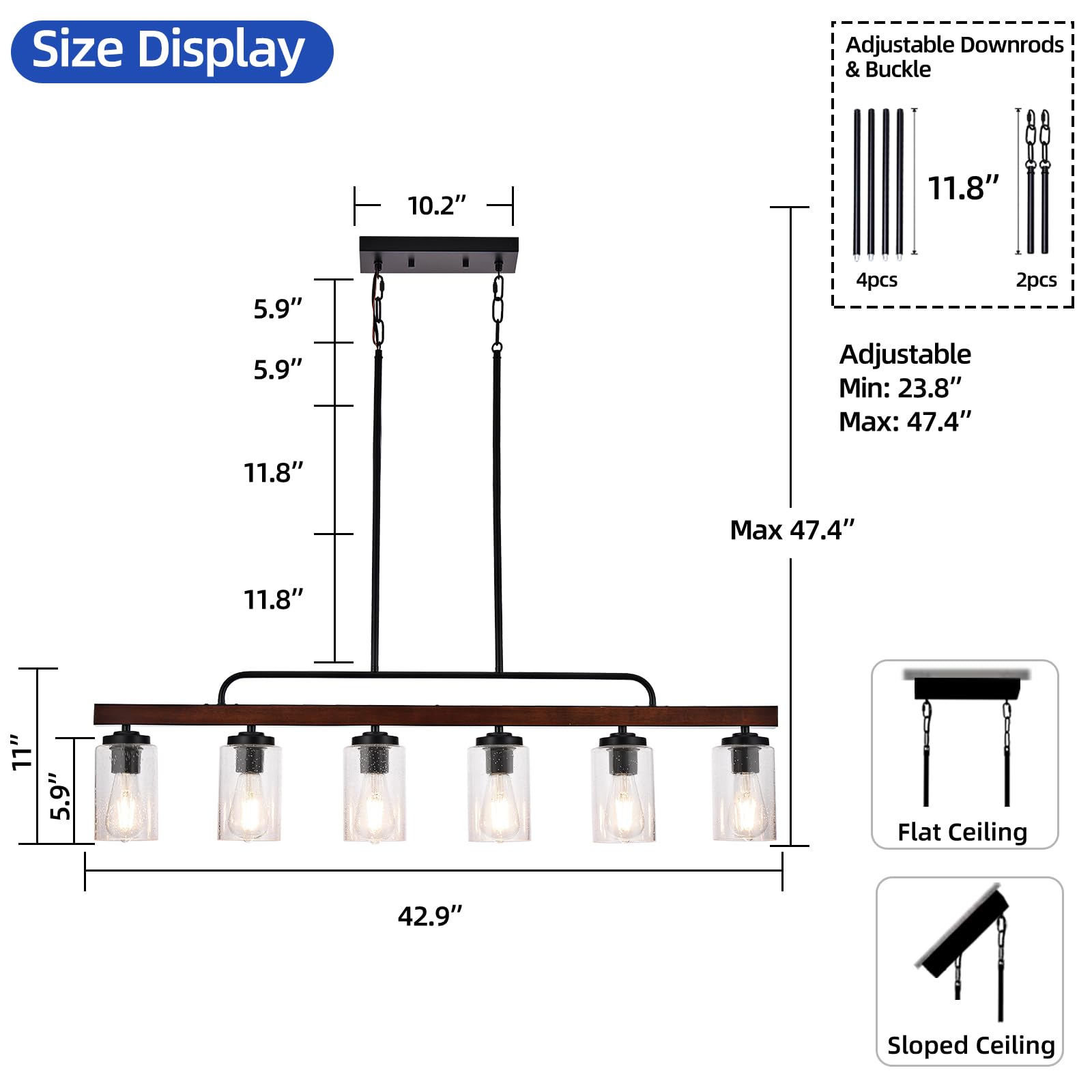 Farmhouse Chandelier 6-Light Dining Room Light Fixture Over Table Kitchen Island Lighting Rustic Chandeliers For Dining Light With Seeded Glass Shade Wood Pendant Lights Kitchen Island