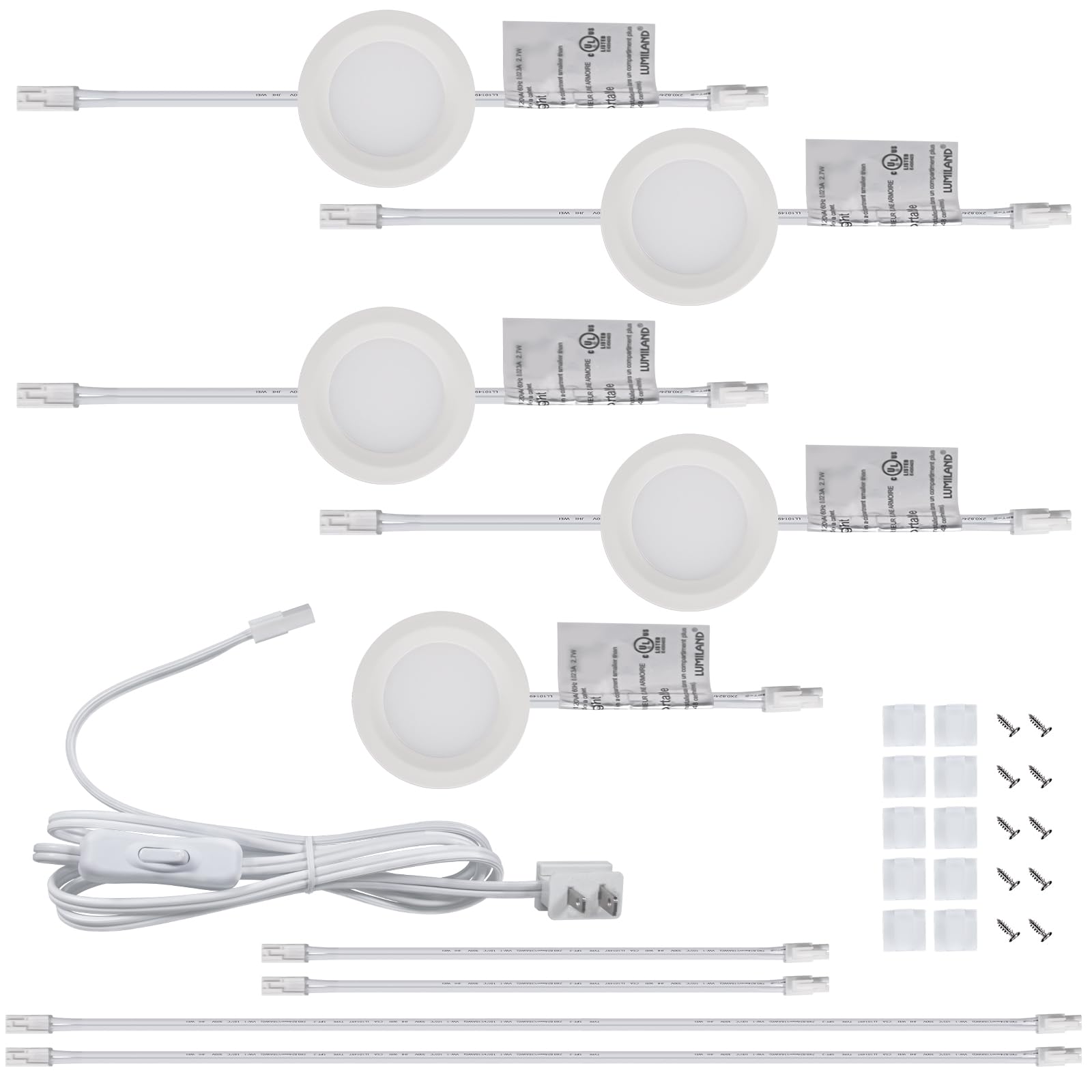 Lumiland Wired Led Puck Lights (2.7Wx5) Plug-In Lighting Natural White (4000K)  Led Cabinet Light For Kitchen Can Be Surface Mount Or Recess Mount  White