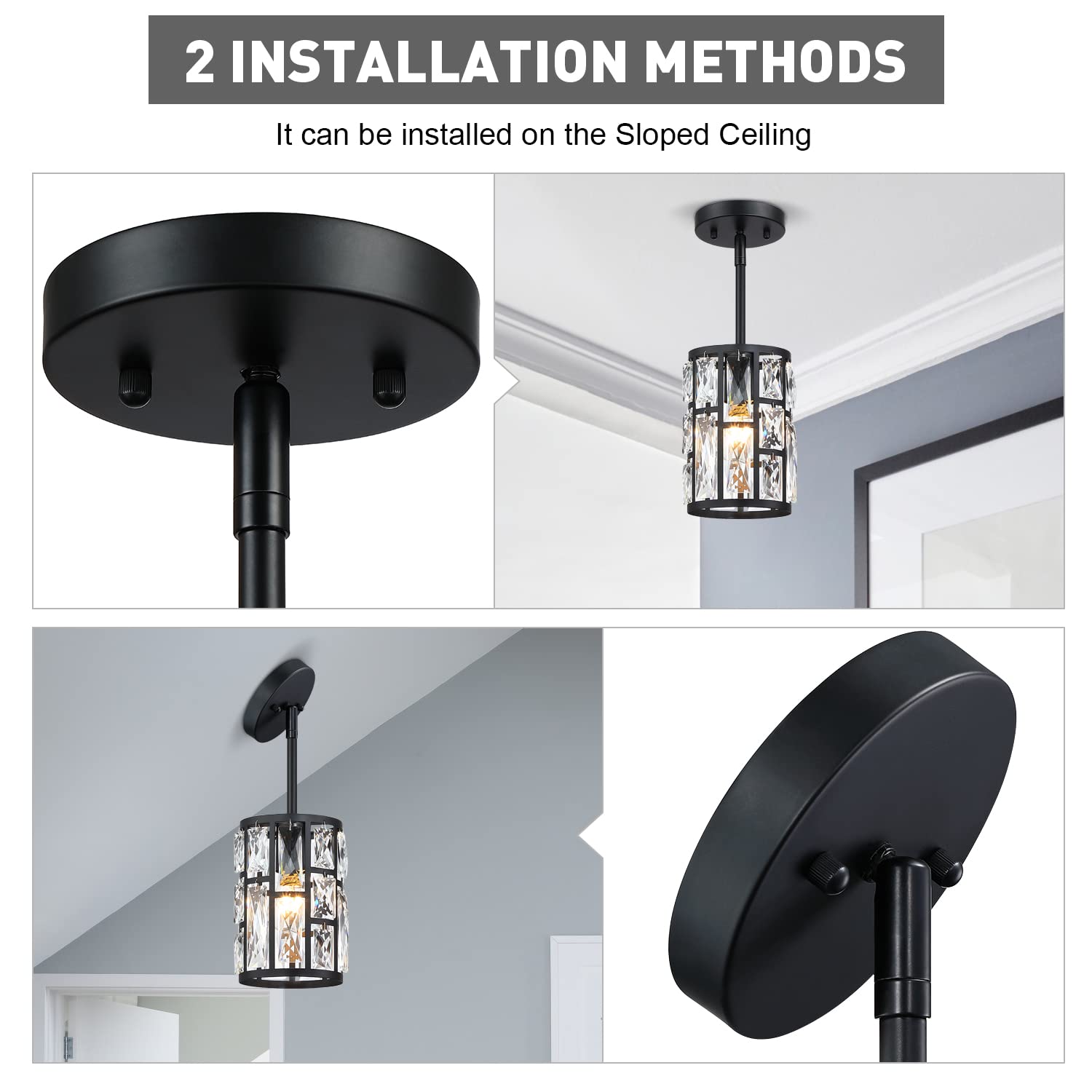 Black Crystal Pendant Light Fixture Modern Hanging Lighting Mini Crystal Chandelier For Kitchen Island Dinning Room Living Room