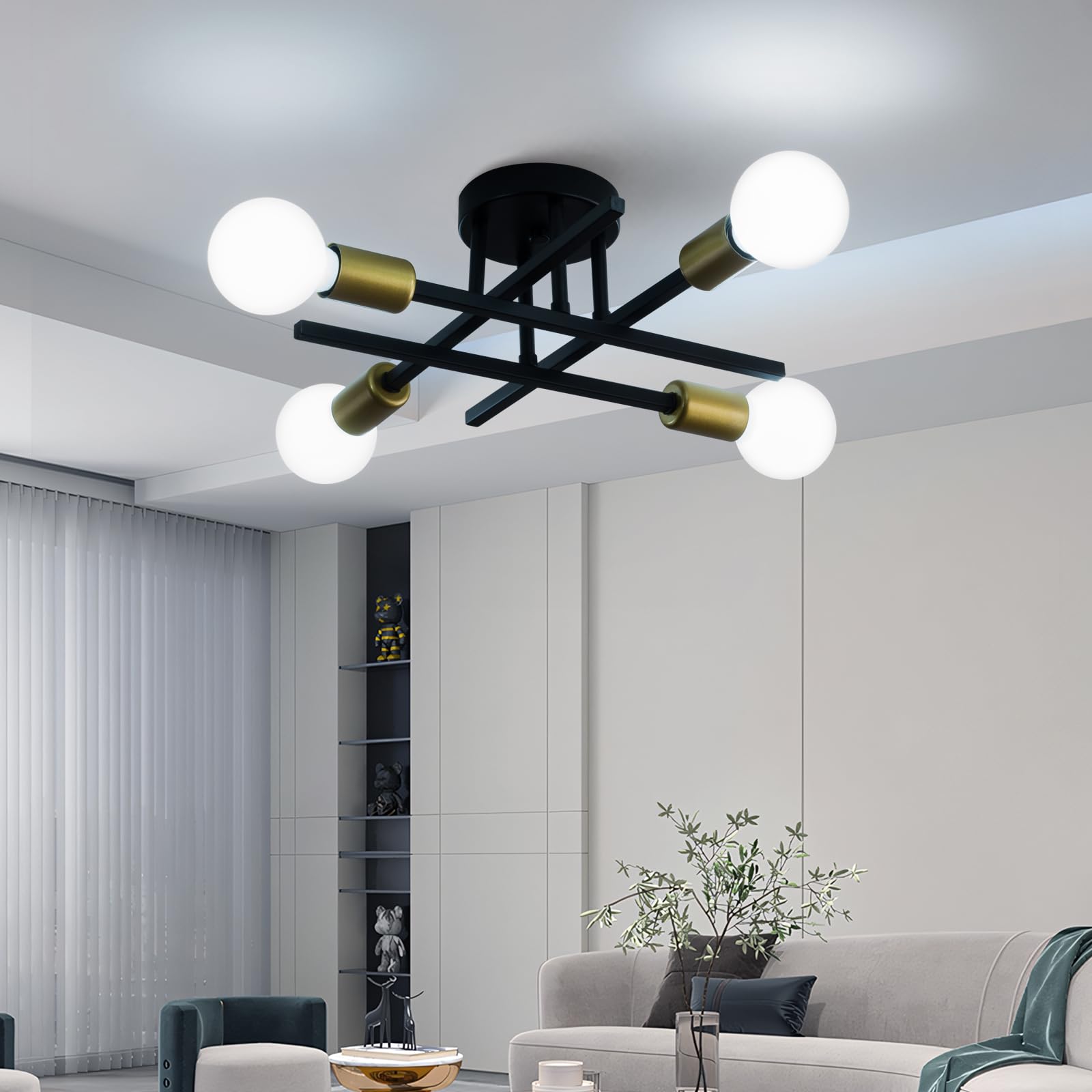 Xingsiyuelyx Modern Black And Gold Sputnik Ceiling Light Fixture,Semi Flush Mount Ceiling Light,Close To Ceiling Light,Chandelie