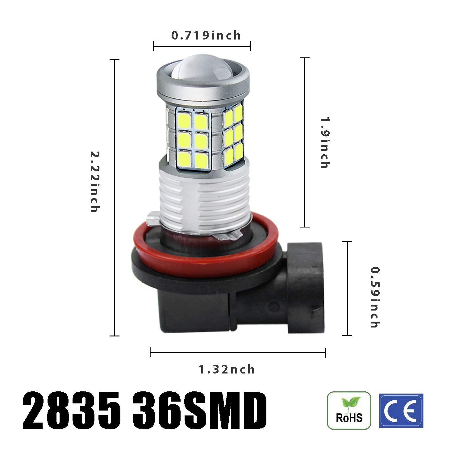 KISLED LED Fog Lights Bulbs, 3000lm, H8/H11, Aluminum, 6000K Xenon White, High Power 3030 Chips, Projector Lens