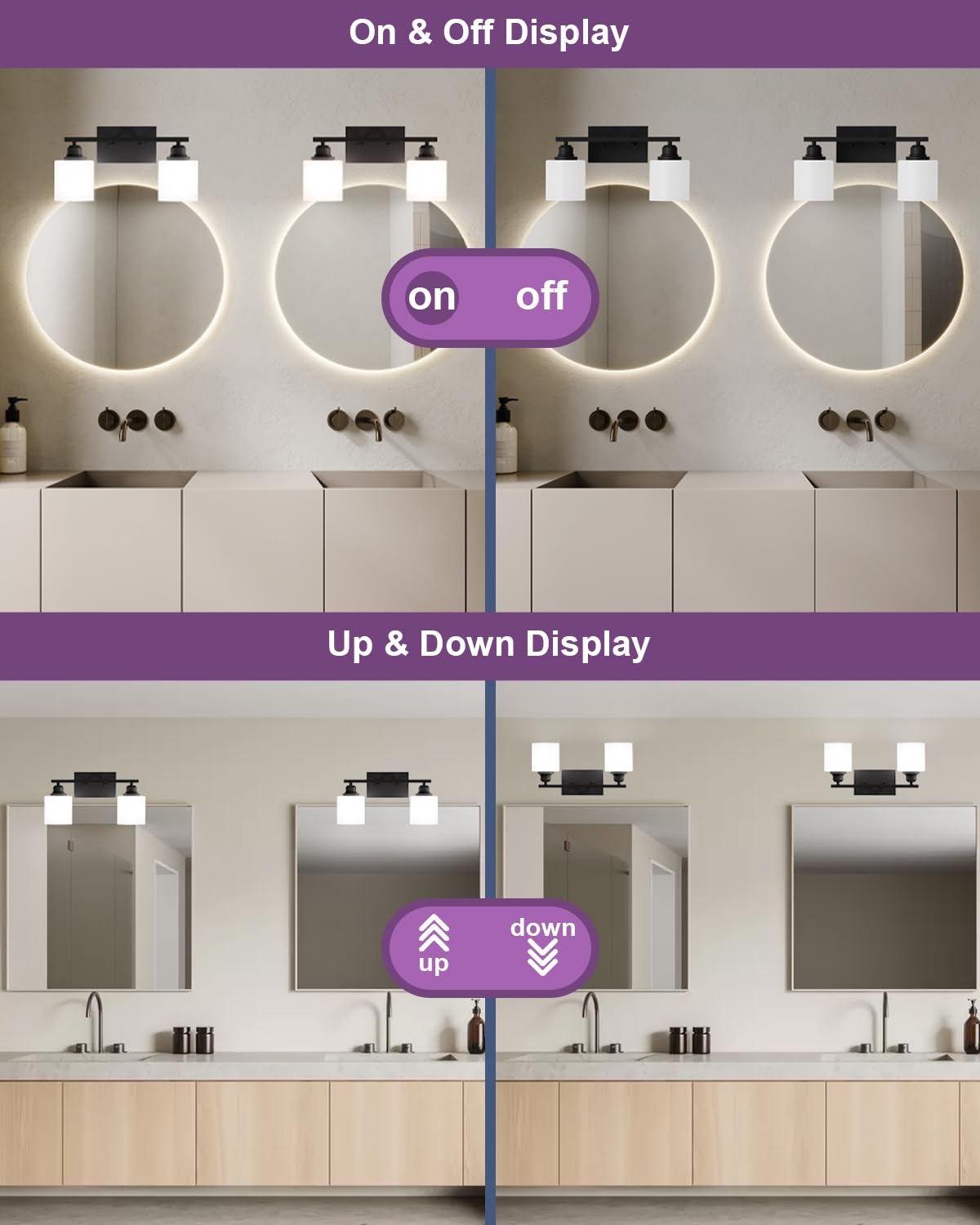 Sailstar Modern Bathroom Lights - 2-Light Vanity Fixtures With Milky White Glass Shades, Anti-Rust Matte Black Finish, E26 Base